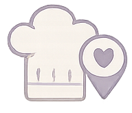 A white chef's hat with a purple heart in a speech bubble above it.