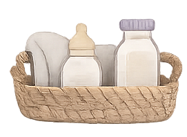 A woven basket containing baby bottles and a wrapped bottle with a cloth cover.