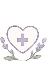 A heart with a medical cross inside, surrounded by lavender flowers.