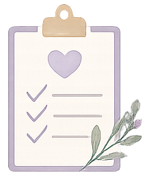 A clipboard with a checklist of three items, a large lavender heart at the top, and a sprig of lavender leaves and flower at the bottom right corner.