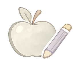 A white apple with a small leaf on top and a gray pencil lying beside it.