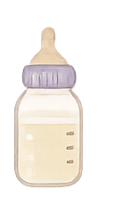 A baby bottle with a white body, purple measurement markings, and a white nipple.