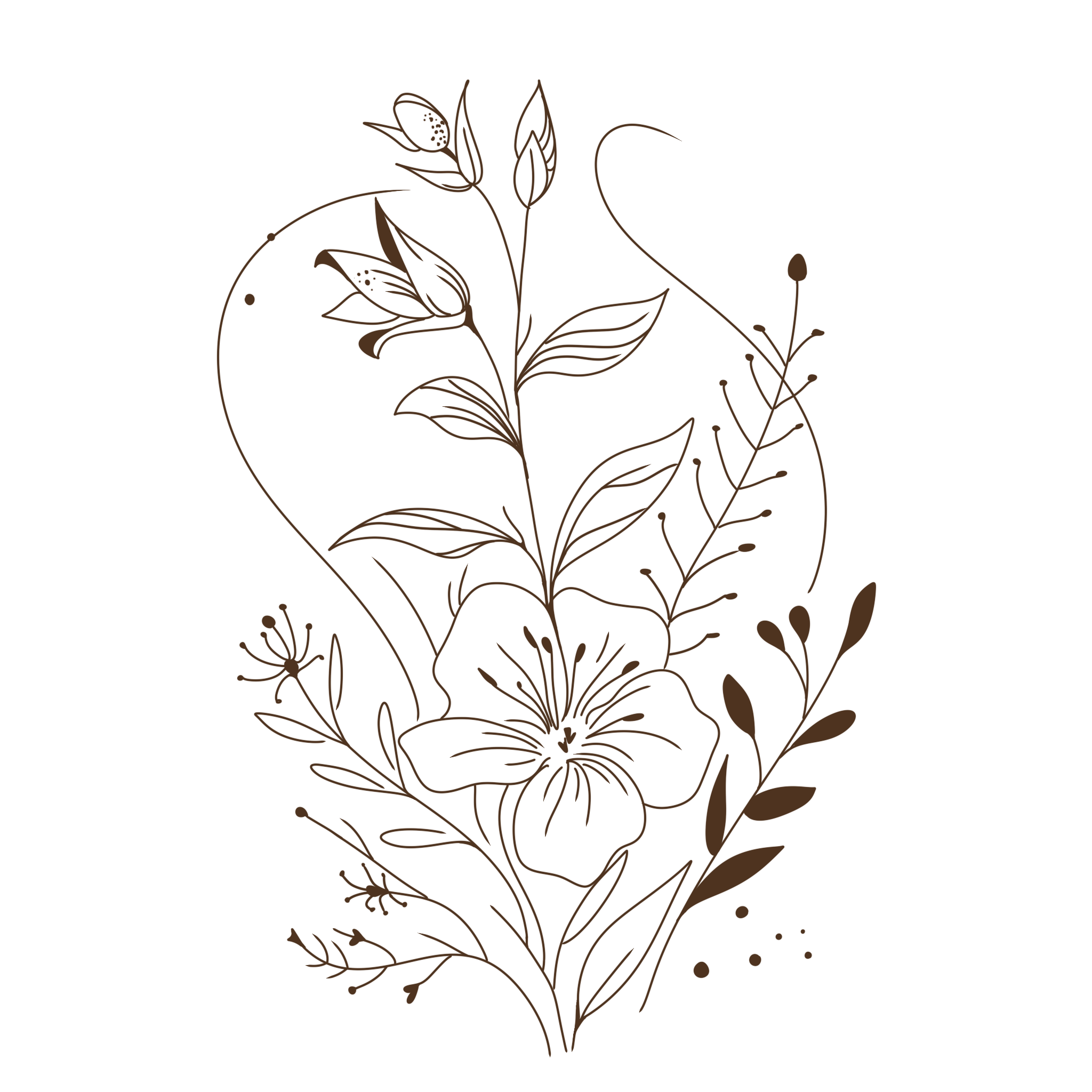 A delicate line drawing of a floral arrangement with leaves and flowers, in a minimalist style with a brown outline on a black background.