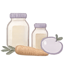 Two glass jars of white cream or yogurt with purple lids, a white eggplant with green leaves, and a beige carrot with green top.