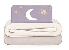 A decorative bed canopy with a pastel purple top panel featuring a moon and sun design, and white drapes hanging underneath.