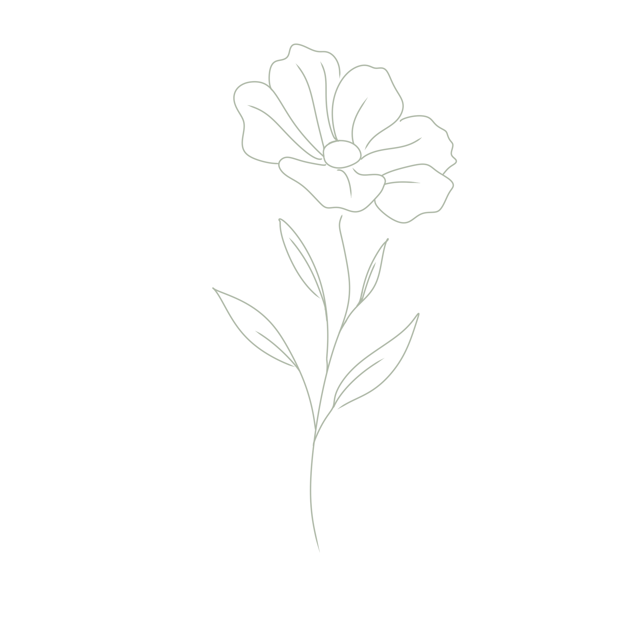 Outline drawing of a single flower with petals, stem, and leaves on a black background.