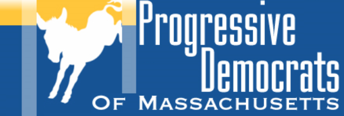 Logo for Progressive Democrats of Massachusetts with a white donkey symbol on a dark blue background and the group name in white text.