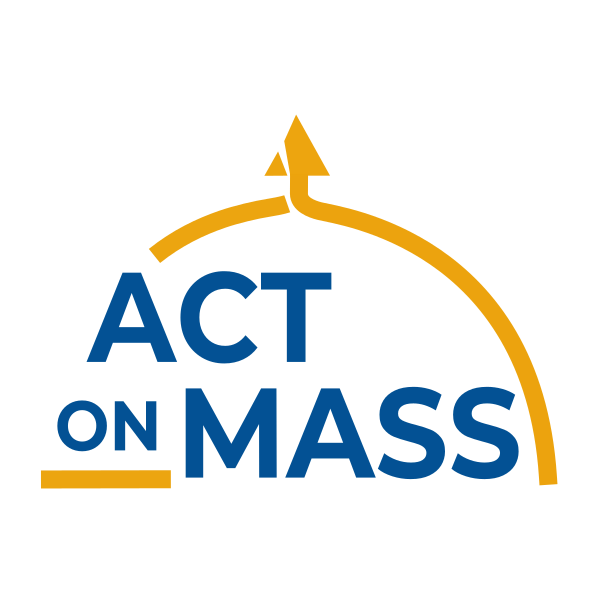 Logo with the text 'Act on Mass' and a stylized yellow arrow looping around the text.