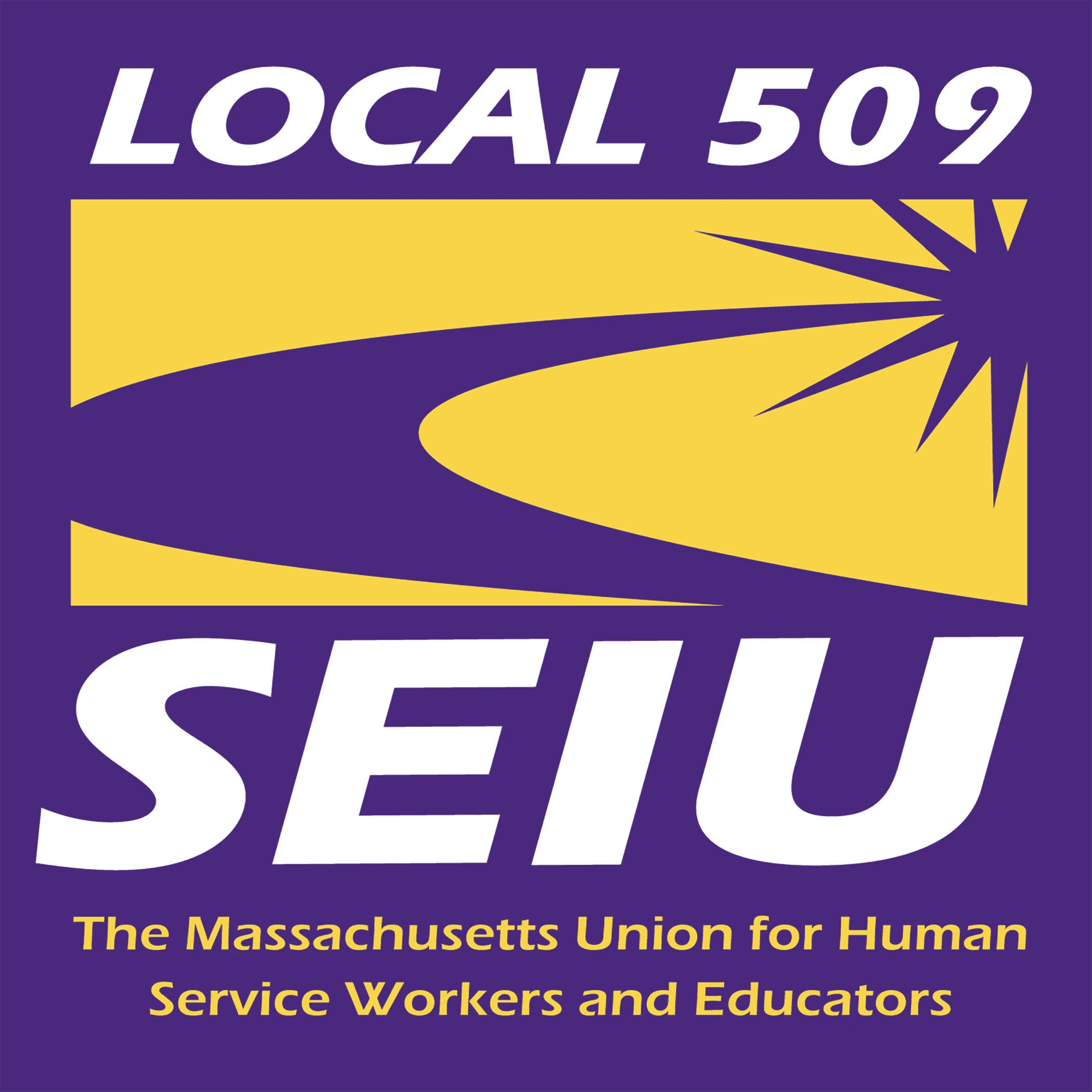 Text reading "LOCAL 509" in bold white letters on a purple background, with a yellow sunburst graphic. Below, smaller text states "The Massachusetts Union for Human Service Workers and Educators" in yellow.