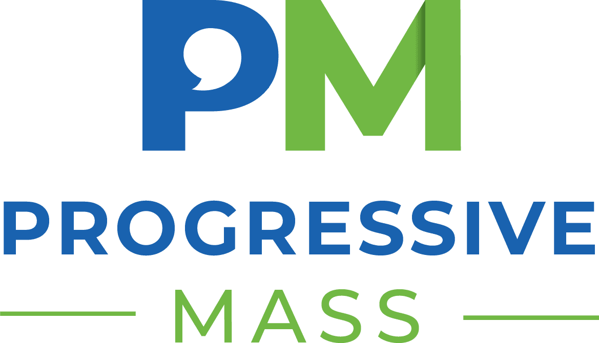 Logo with large blue 'P', green 'M', and the words 'PROGRESSIVE MASS' below.