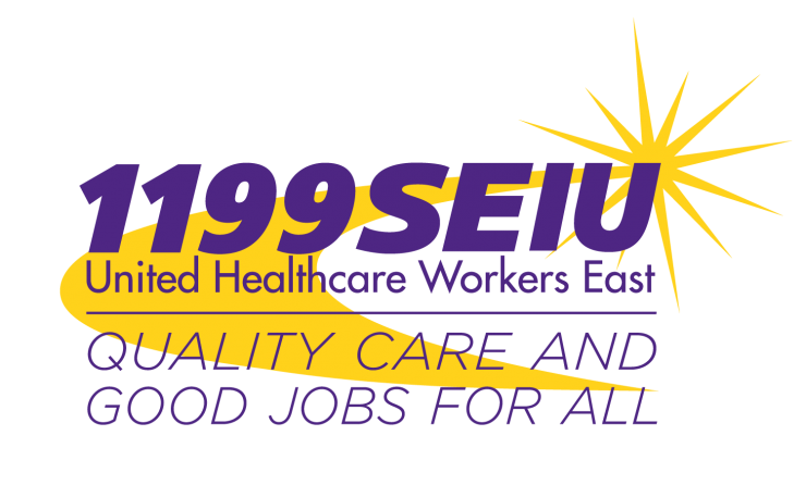 Logo for 1199 SEIU United Healthcare Workers East with purple and yellow text and a starburst design, promoting quality care and good jobs for all.