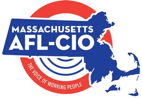 Logo of Massachusetts AFL-CIO, featuring a blue outline of Massachusetts over red, with white text and a red circle containing the slogan 'The Voice of Working People'.