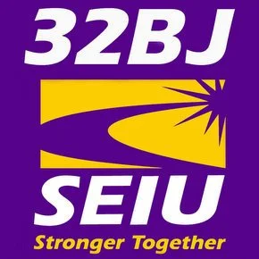 Union logo with purple and yellow colors, featuring '32BJ SEIU' and the slogan 'Stronger Together'.