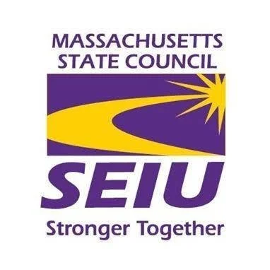 Logo of Massachusetts State Council SEIU with a yellow sunburst and purple background, captioned 'Stronger Together'.