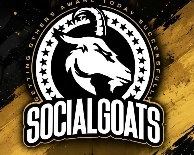 Logo with a goat's head and the words "Social Goats" below it, surrounded by a circle of stars, with text reading "Getting others aware today is successfull" around the circle.