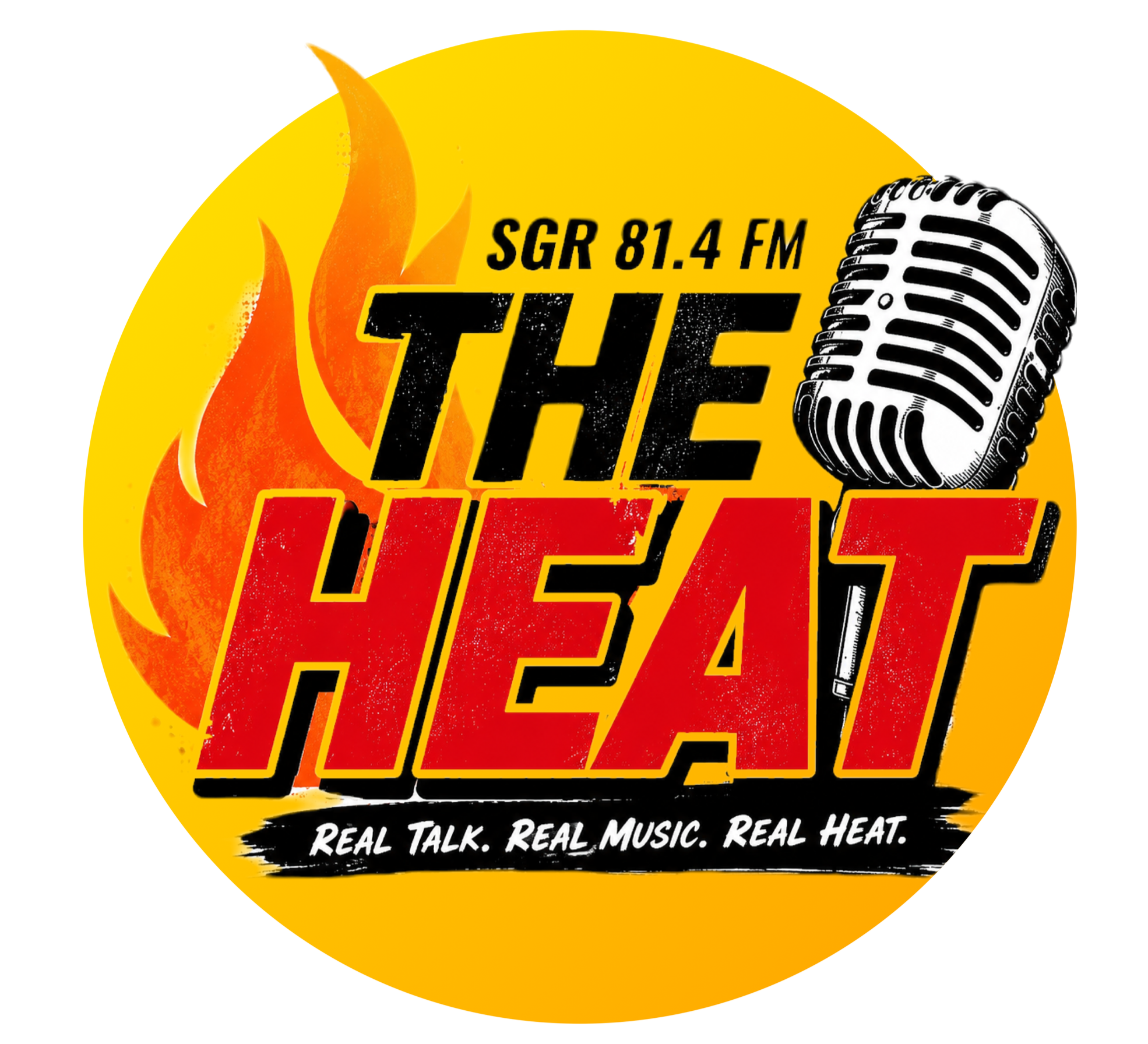 A circular logo featuring flames and a vintage microphone, with text indicating a radio station SGR 81.4 FM and slogan 'Real Talk. Real Music. Real Heat.'
