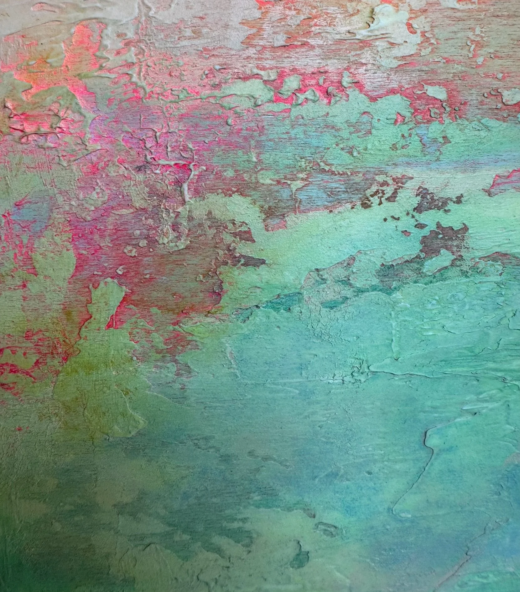 Close-up of layered texture and color in an abstract painting by Santa Barbara artist Kristen Wagner.
