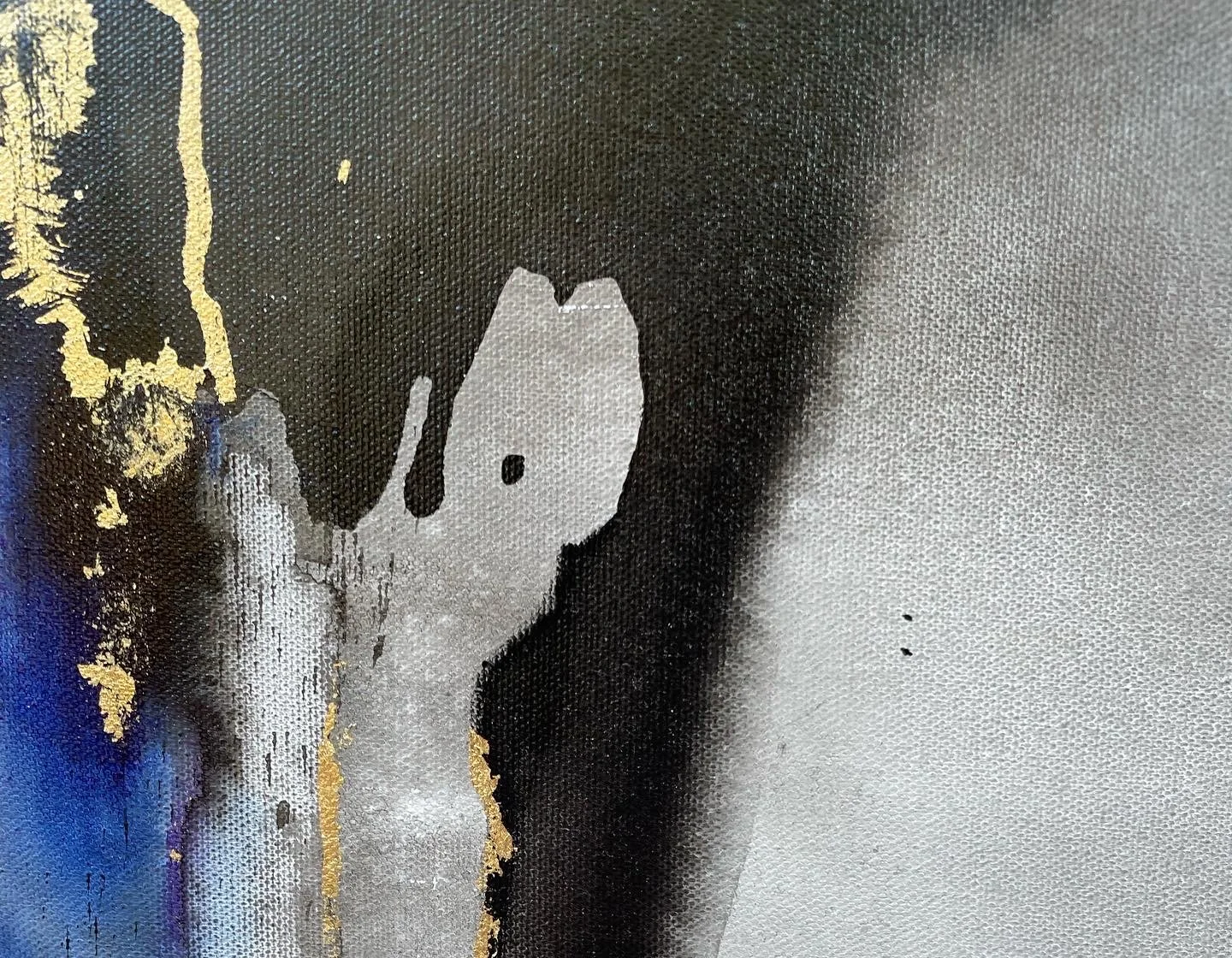 Abstract mixed-media painting in black, gray, blue and gold leaf with layered texture by Kristen Wagner.