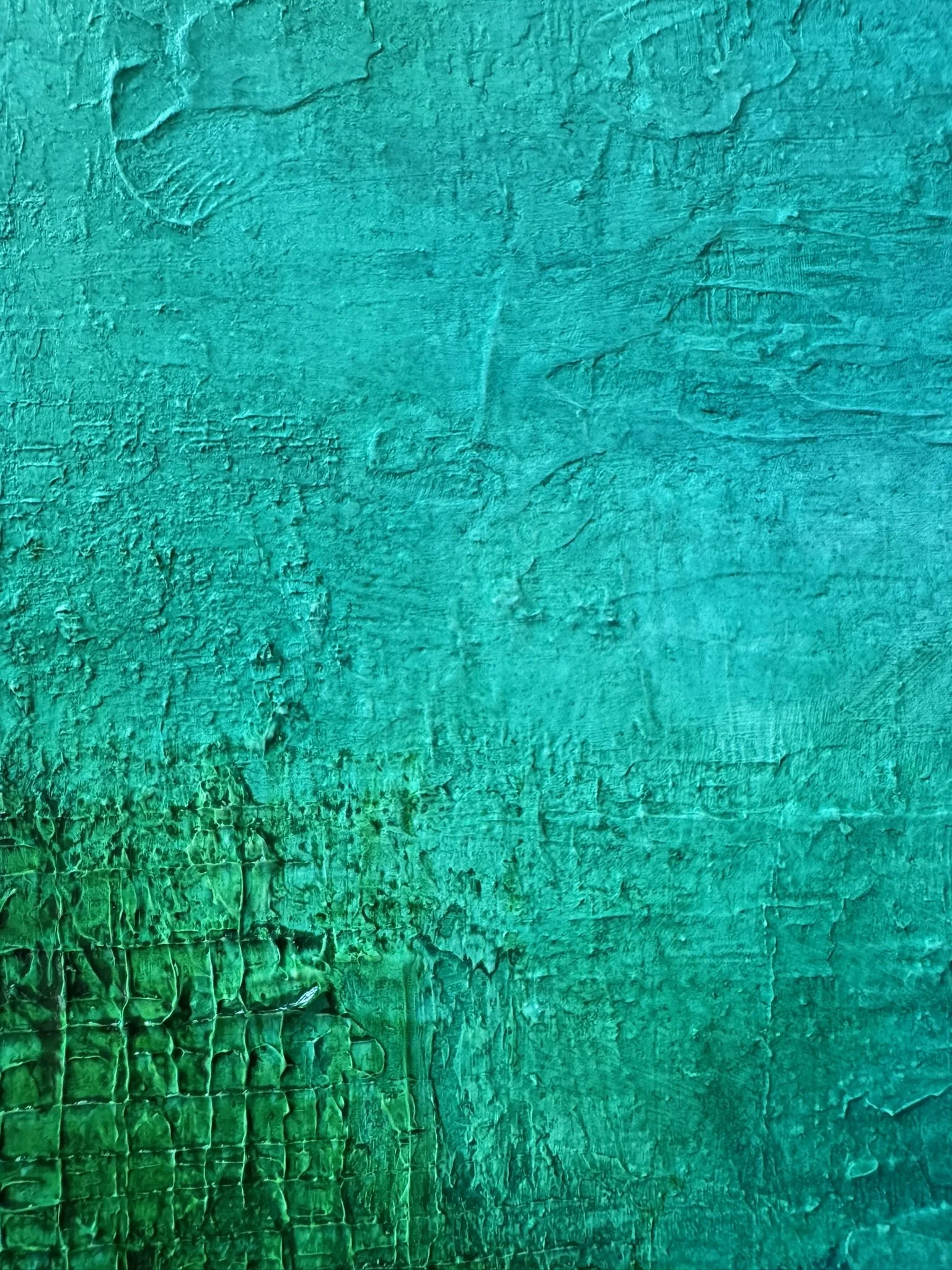 Close-up detail of teal and green textured layers in an abstract painting by Kristen Wagner.