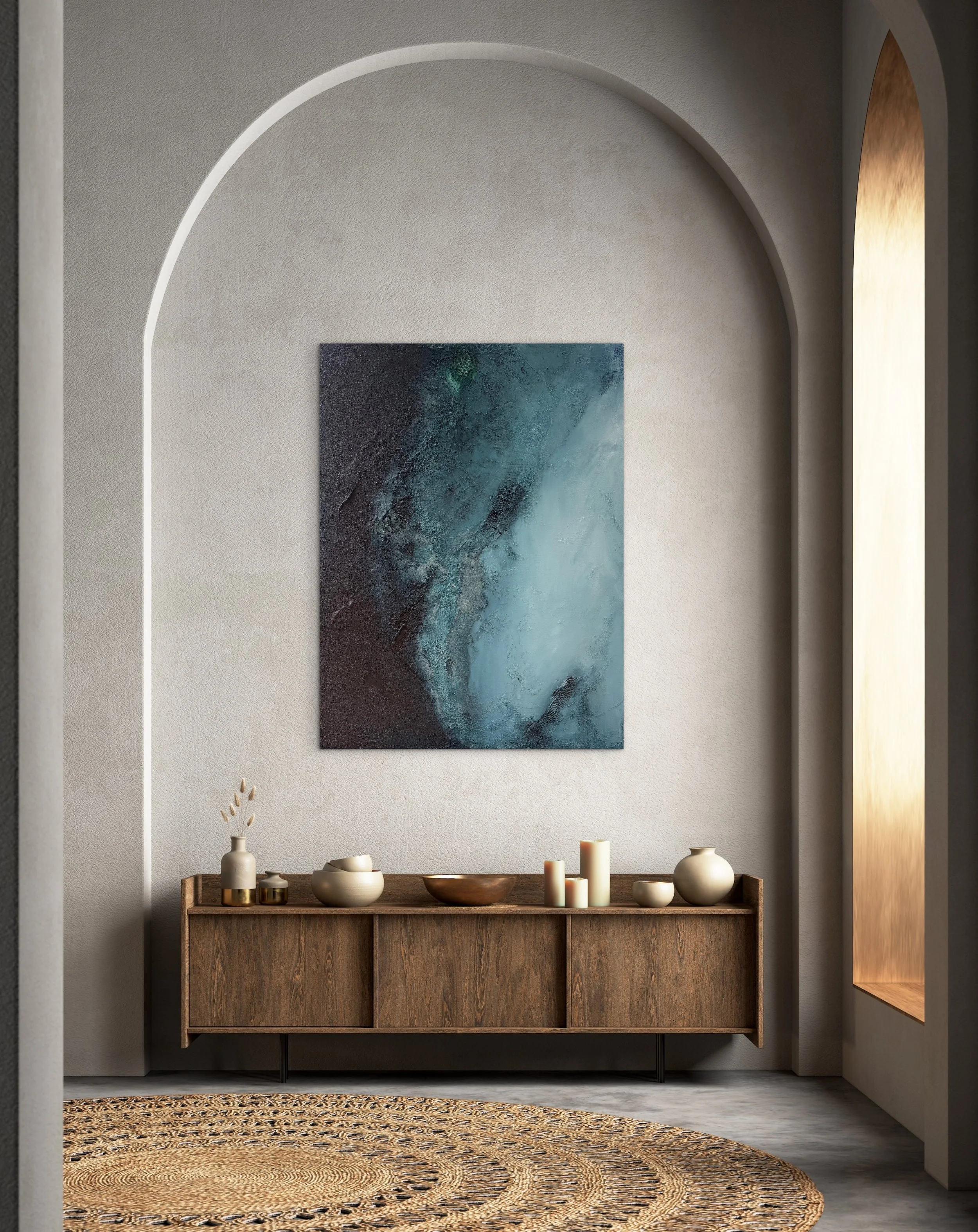 Abstract blue and gray moody textured acrylic painting by Santa Barbara artist Kristen Wagner displayed in a modern interior.