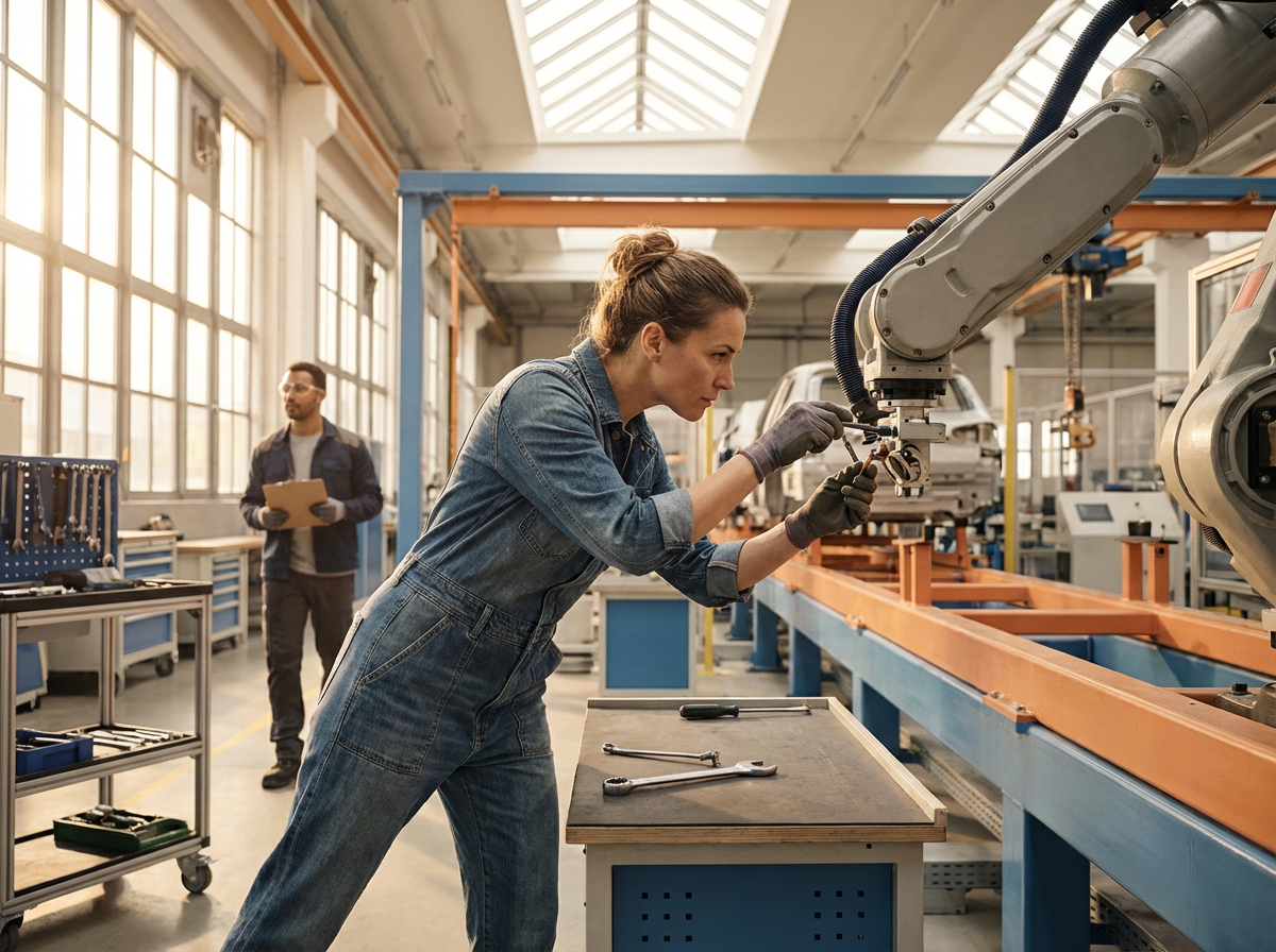 A woman working in a factory uses a robotic arm to manufacture a car part, while a man in the background observes and takes notes.