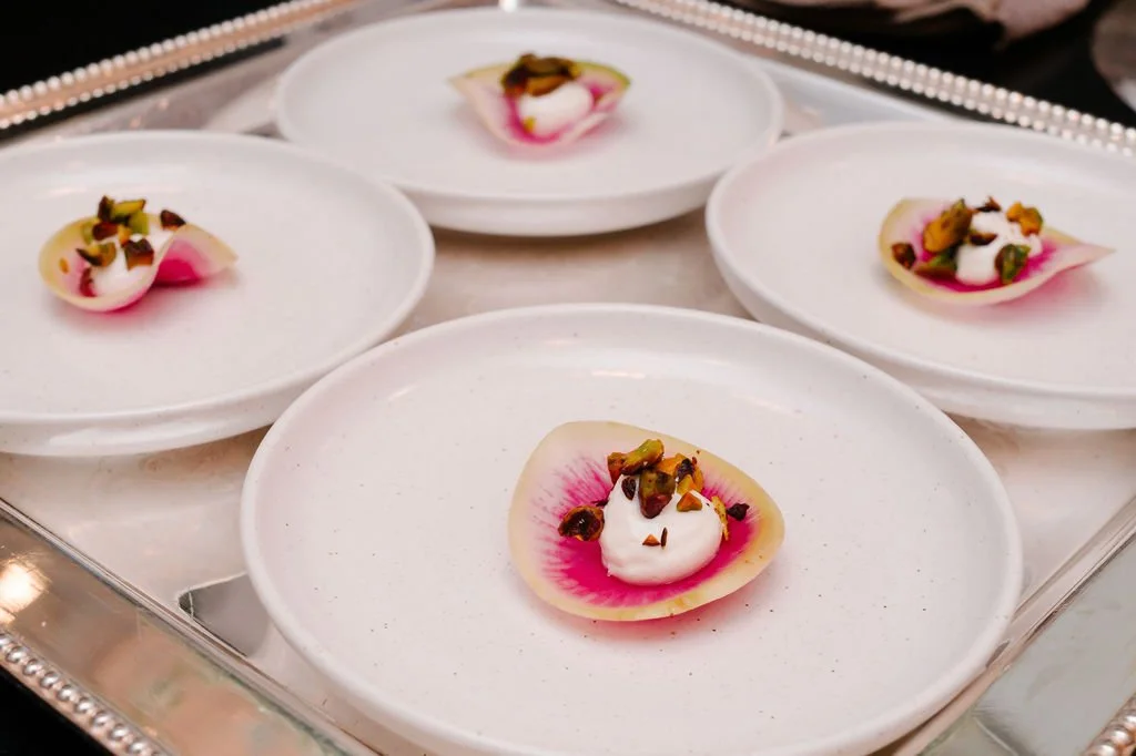 Versace- Watermelon Radish with whipped chèvre, preserved lemon + toasted pistachio