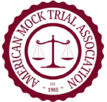 Logo of the American Mock Trial Association with scales of justice and the text 'American Mock Trial Association' and 'EST 1985'.