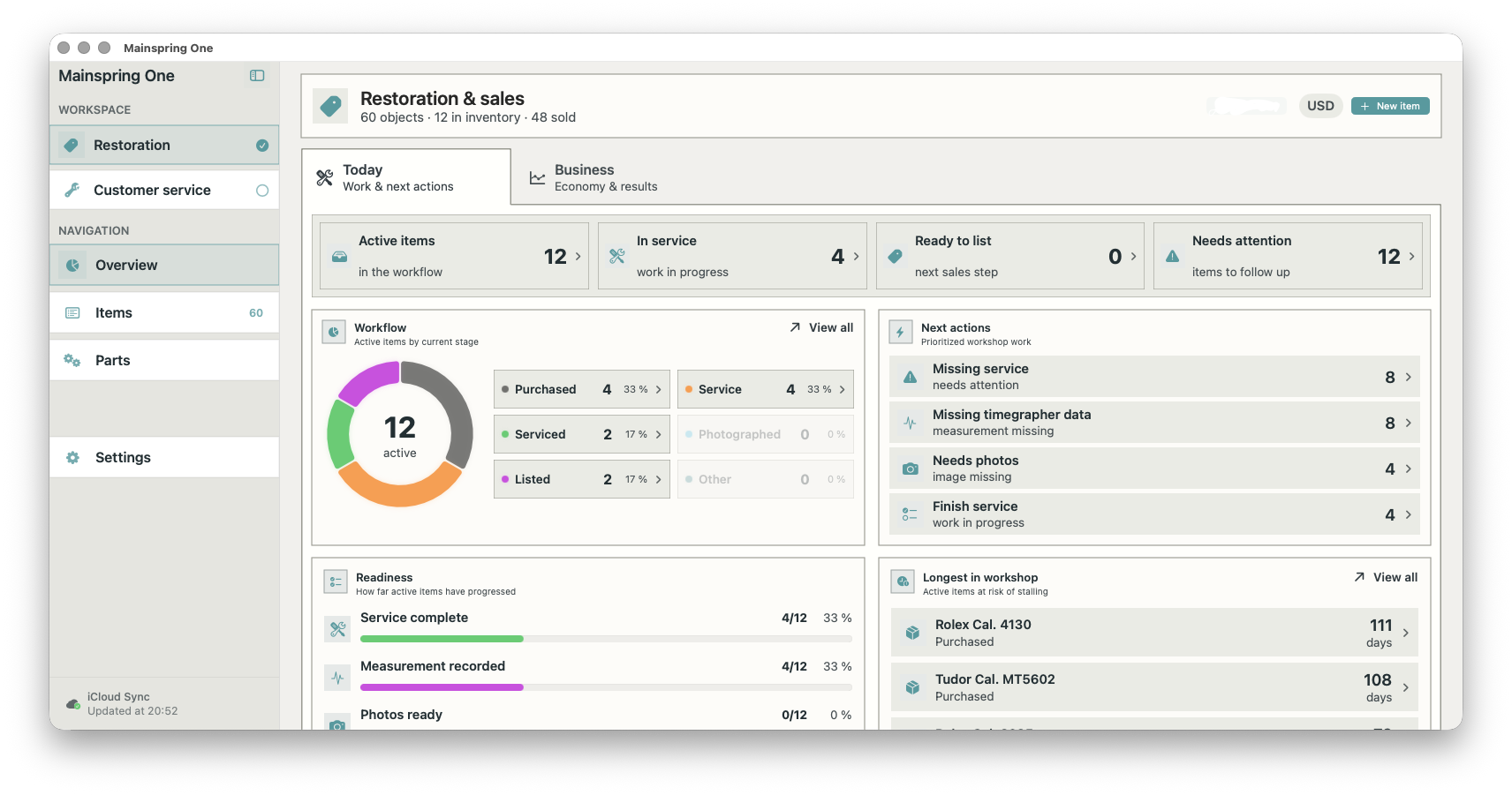 Screenshot of a project management dashboard titled "Restoration & sales" showing workflow, task statuses, and item details for restoration work, including active items, in service items, and pending tasks.