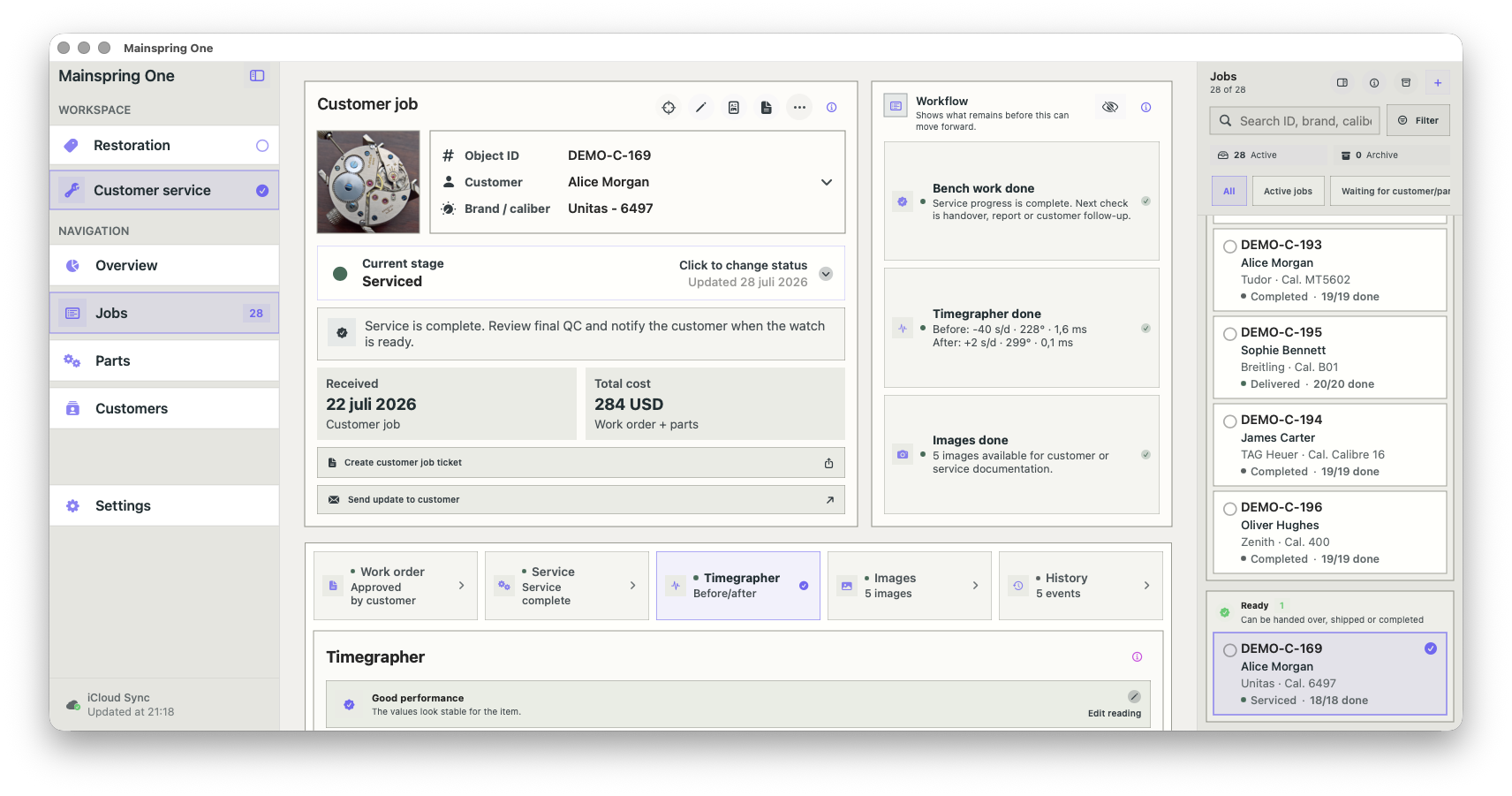 A screenshot of a watch repair management software dashboard showing customer job details, status updates, and job list for a watch repair service.