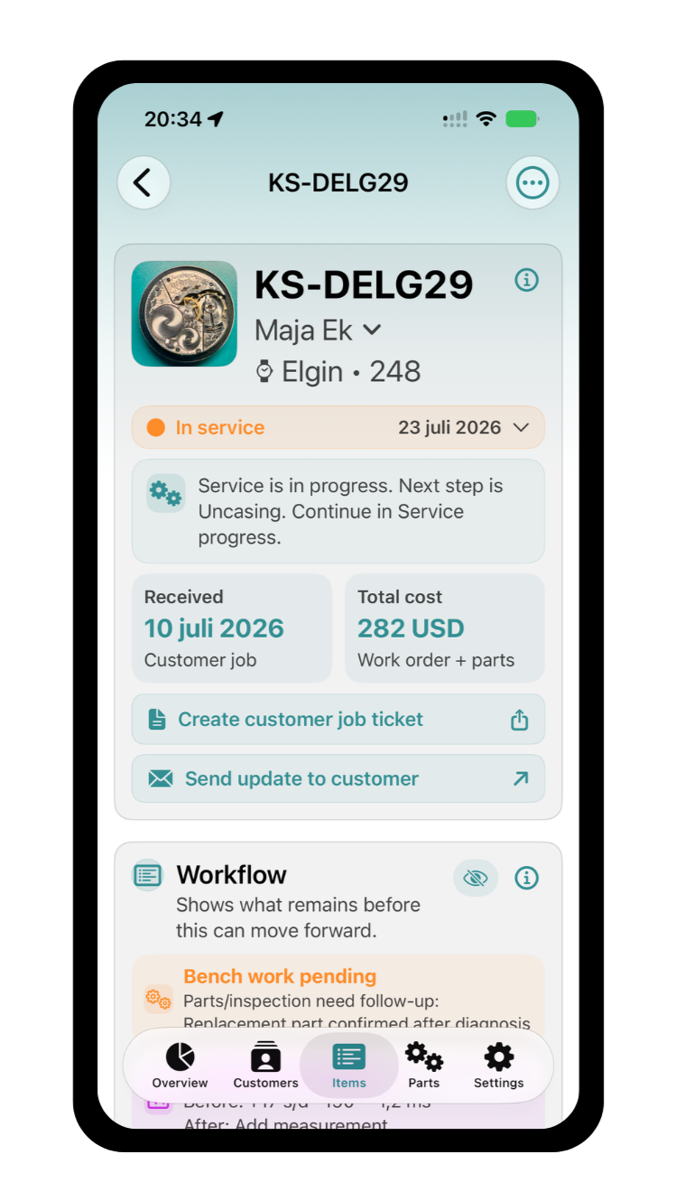 Mobile app screen showing a service ticket for a device labeled KS-DEL29, with status 'In service' scheduled for July 23, 2026, and a total cost of 282 USD for work order and parts. The screen includes options to create a customer job ticket, send updates, and shows workflow details, with navigation tabs at the bottom labeled Overview, Customers, Items, Parts, and Settings.