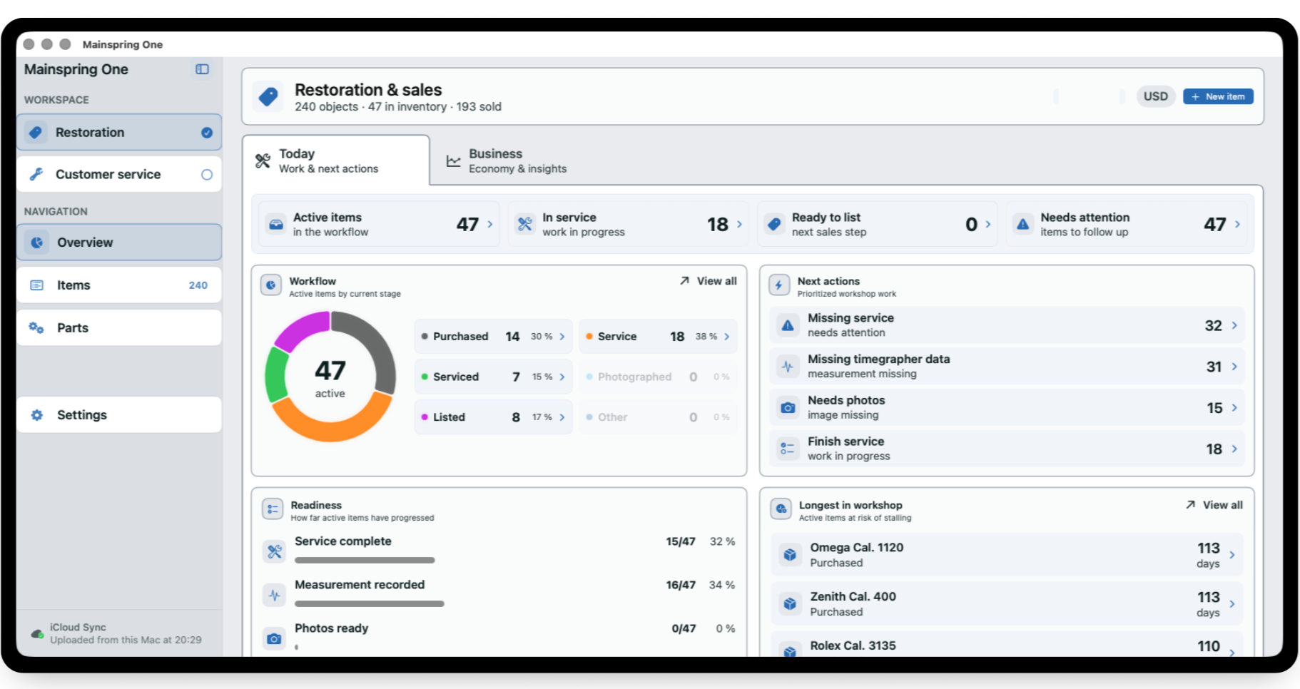 Screenshot of inventory management software titled 'Restoration & sales,' showing active items, workflow status, and pending actions for items like Omega and Zenith watches.