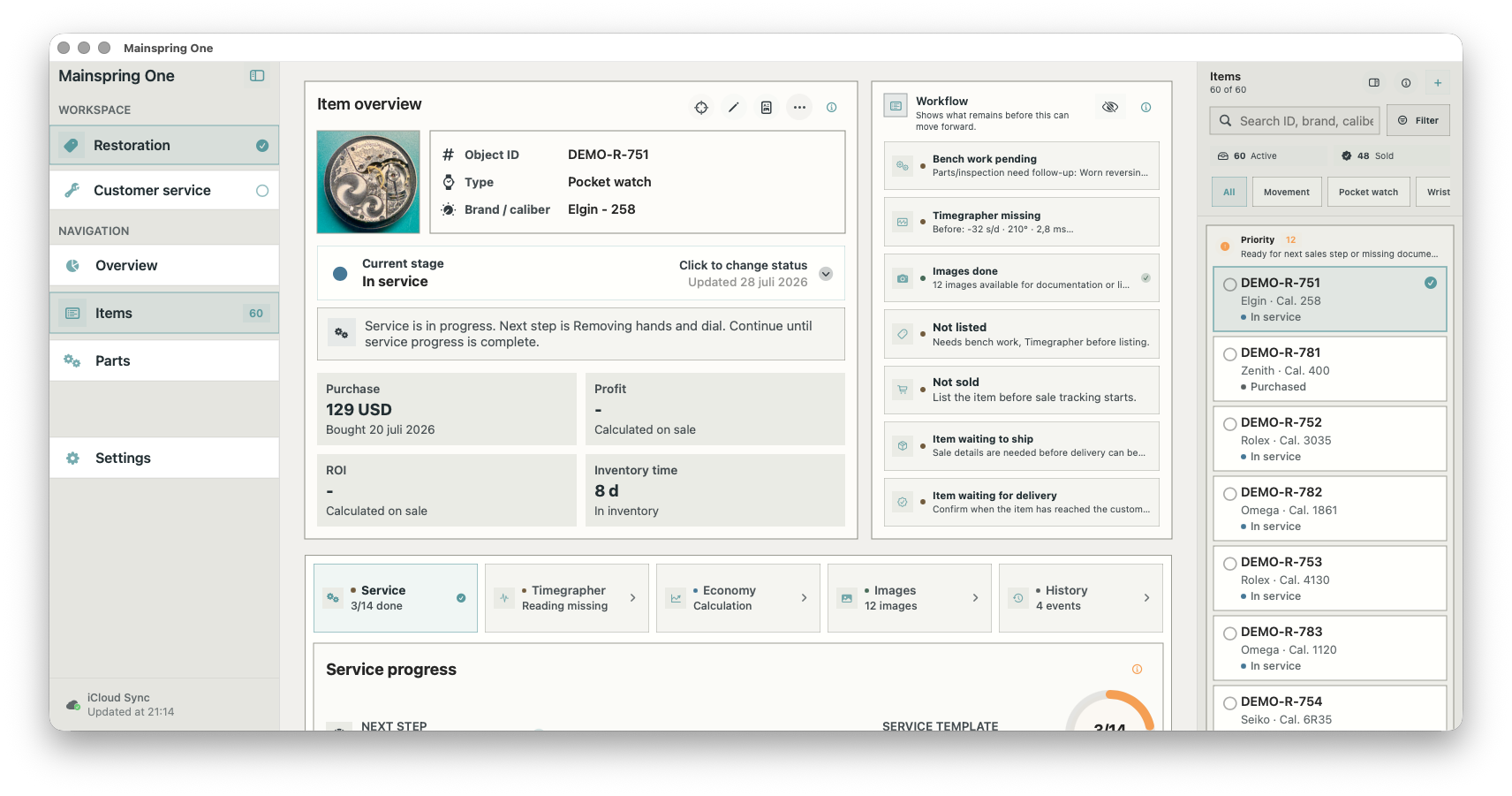 Screenshot of a computer screen displaying a service management software dashboard with various sections including item overview, workflows, item list, and service progress.