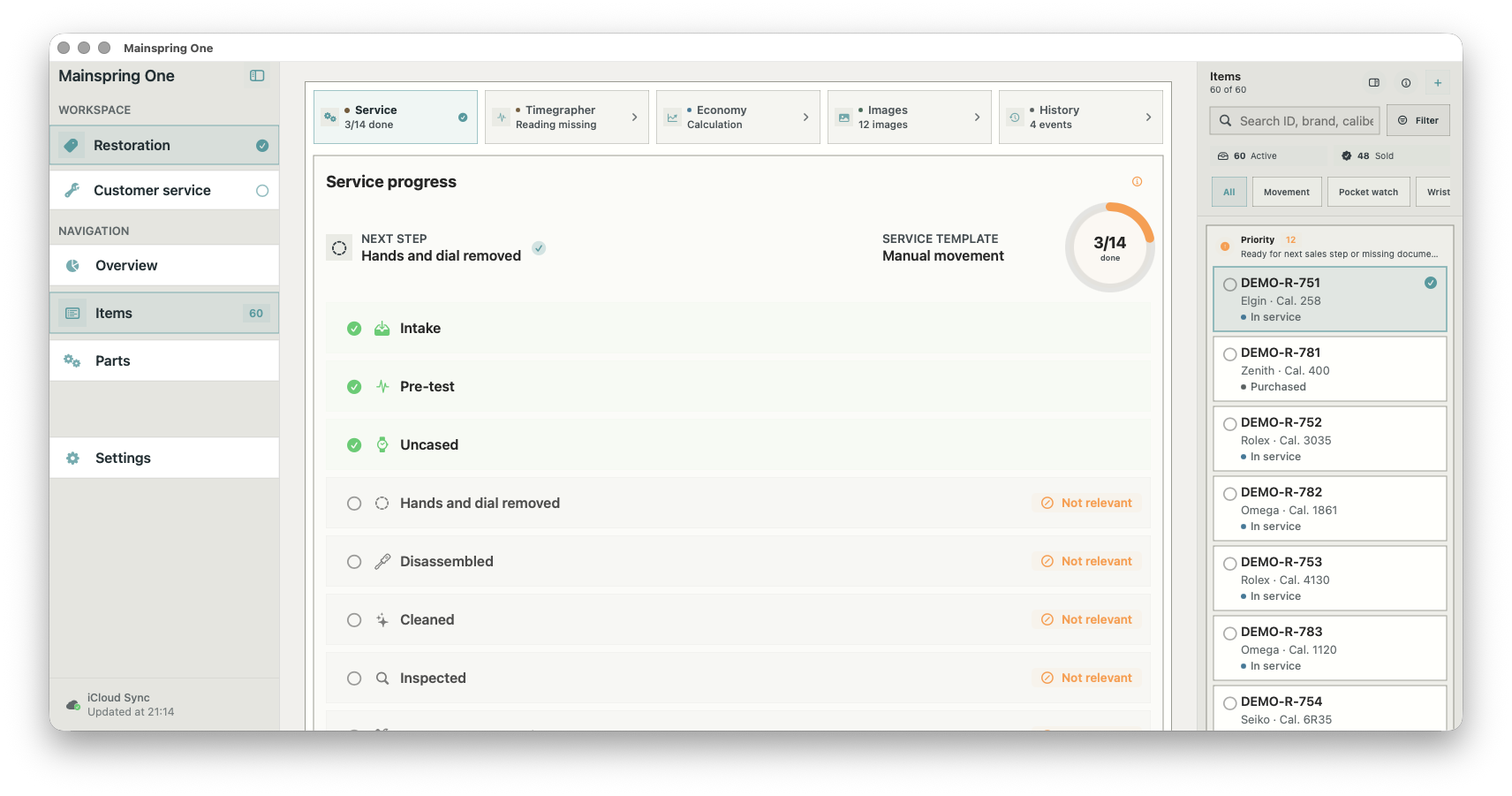 Screenshot of a maintenance service dashboard showing service progress for a device, with details of steps completed, device information, and a list of devices in the queue.