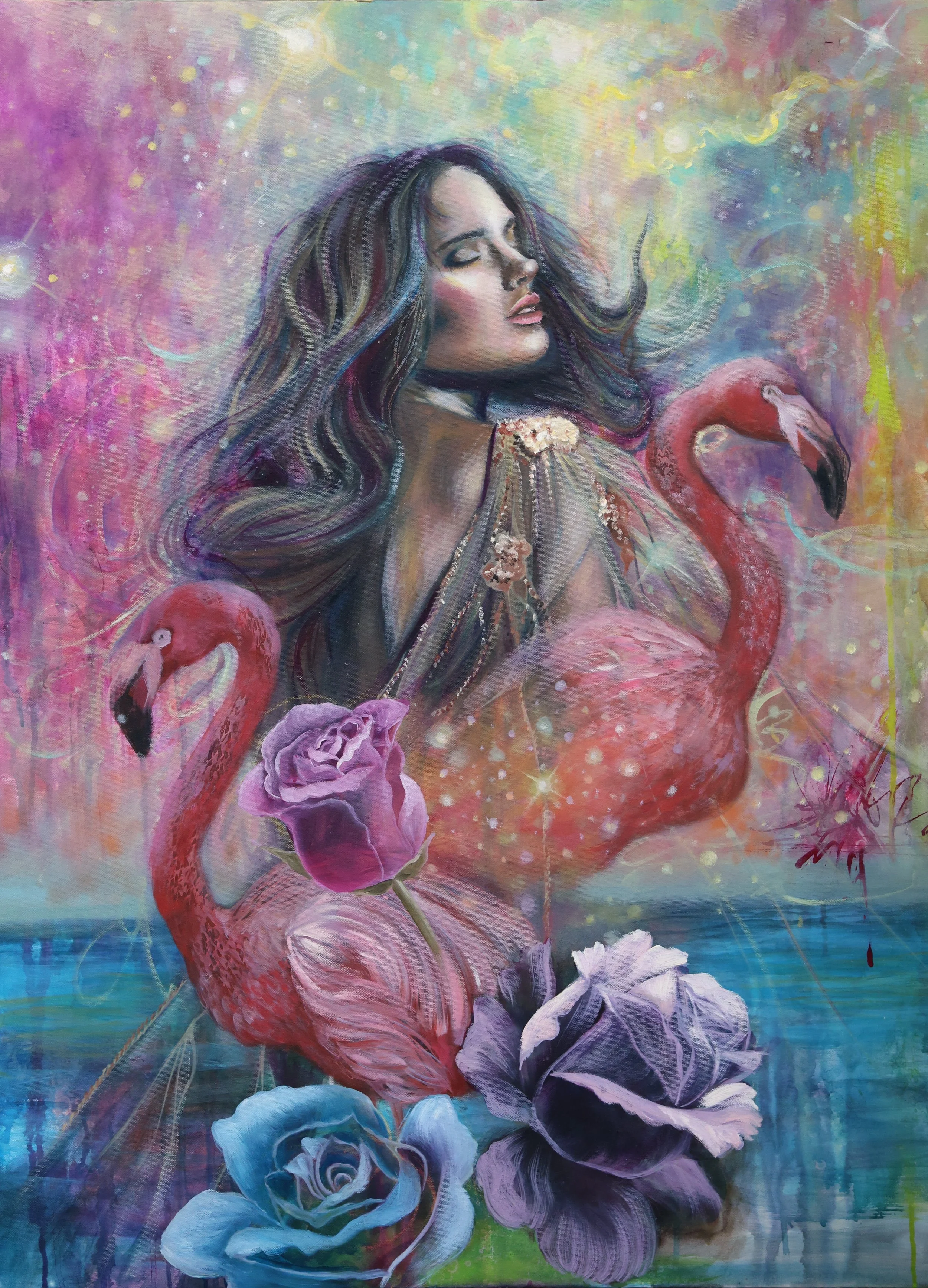 A painting of a woman with long flowing hair surrounded by pink flamingos and large flowers, set against a colorful, dreamy background with stars and celestial elements.