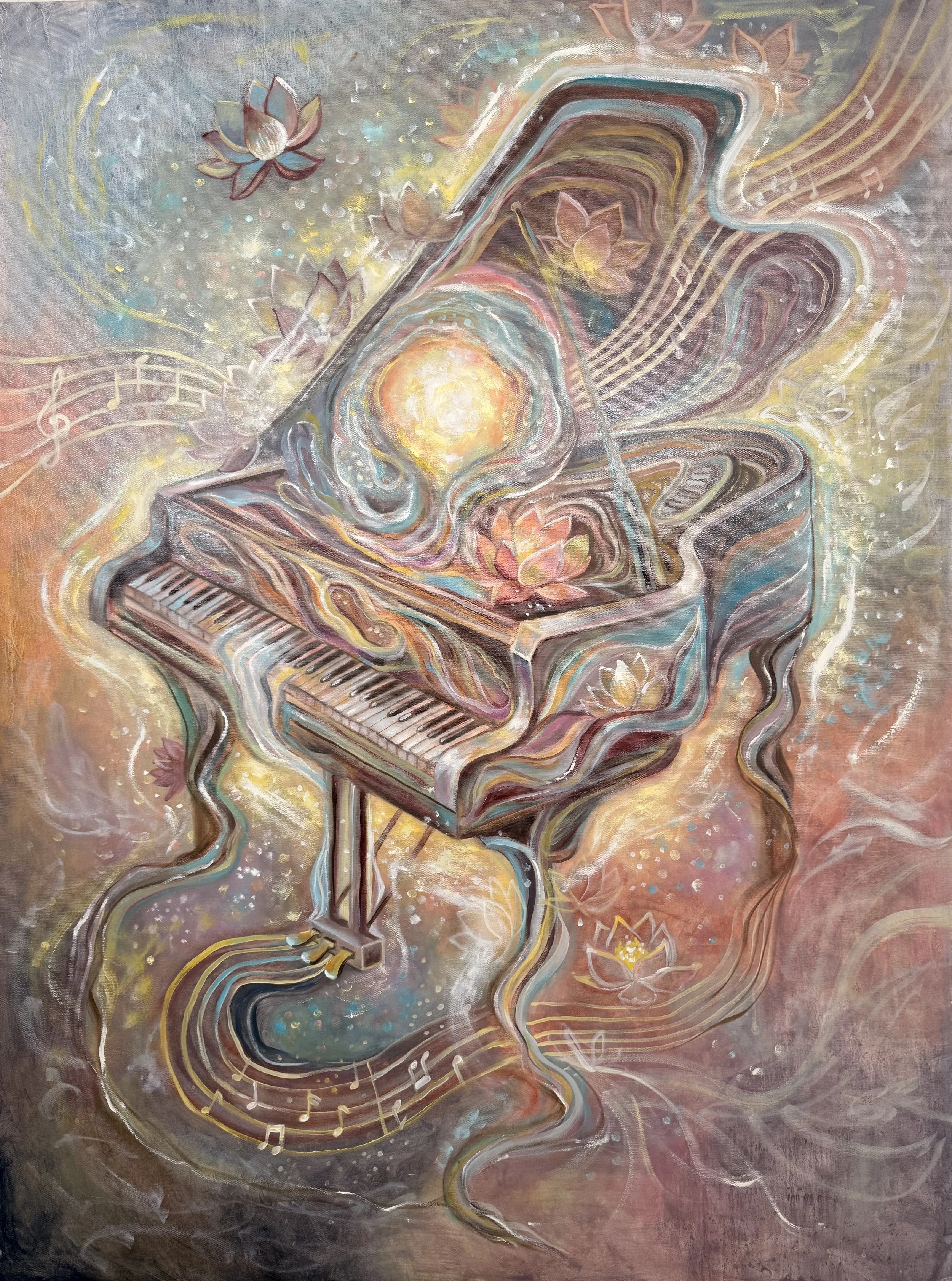 A painting of a grand piano with flowing musical notes and pink lotus flowers, set against a dreamy background of swirling pastel colors and star-like sparkles.