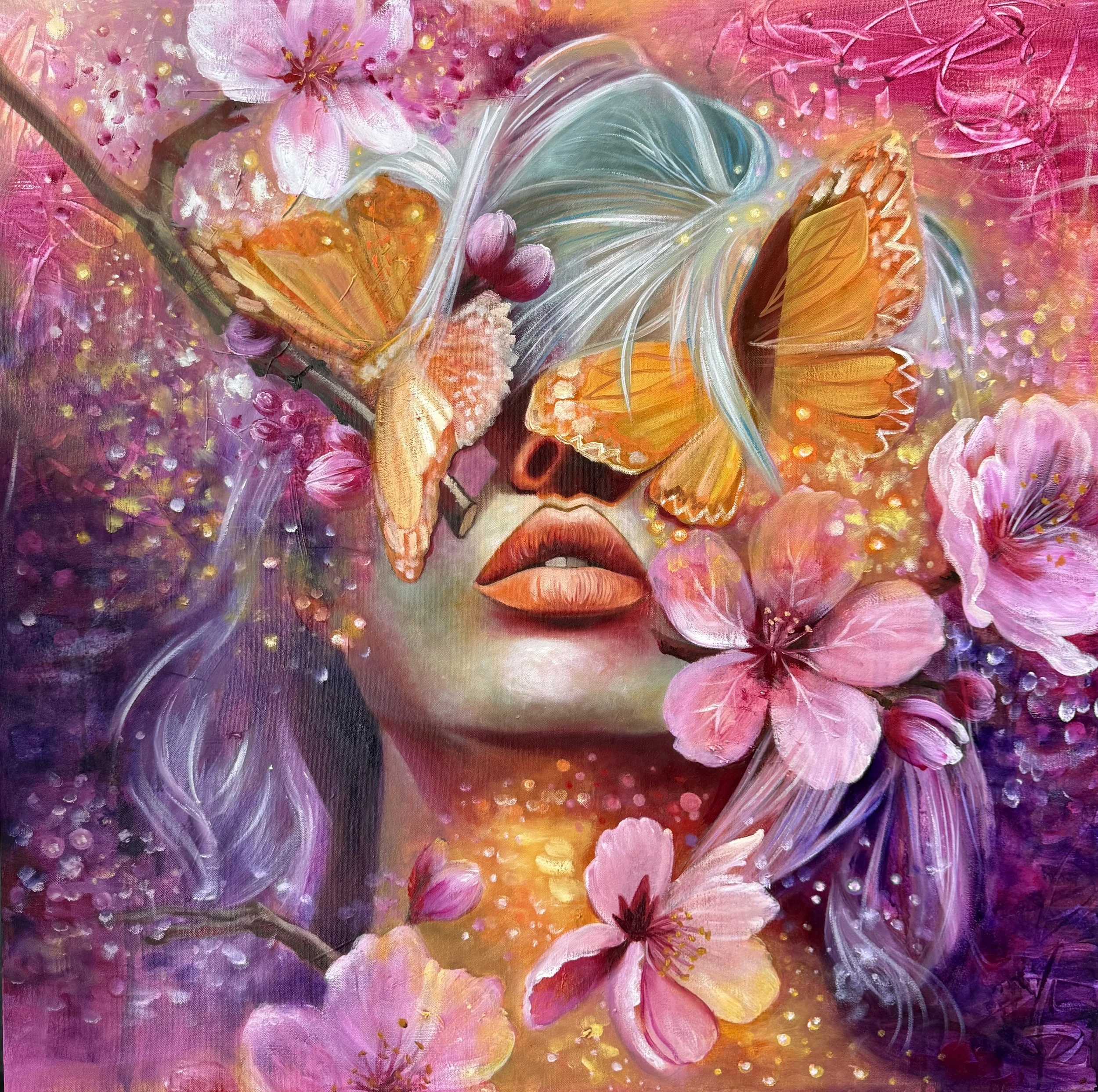 An abstract painting of a woman's face with her eyes closed, surrounded by pink cherry blossoms and butterflies, using vibrant colors and swirling patterns.