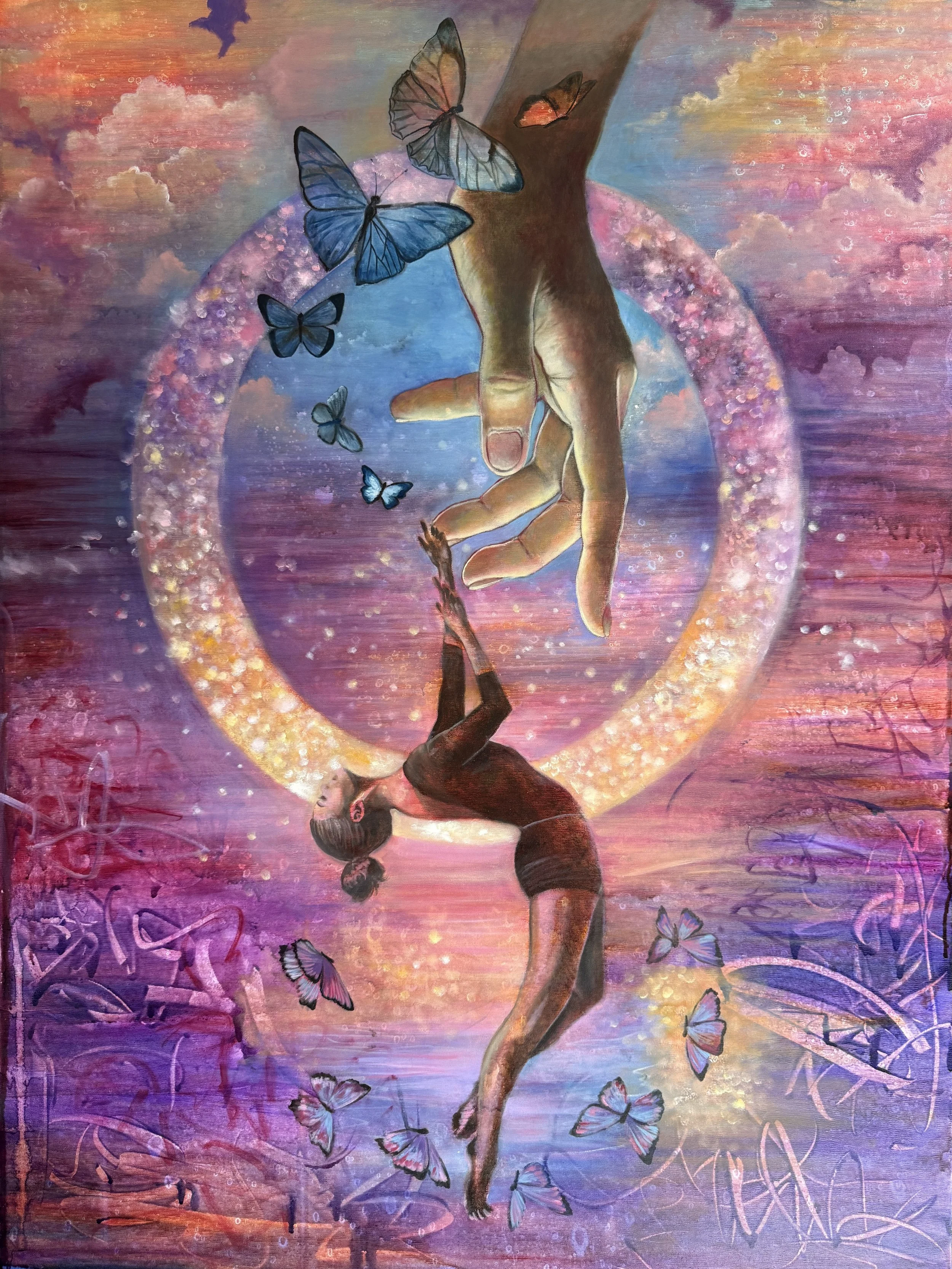 A painting of a woman hanging upside down from a tree branch, with her hair flowing downward. She is surrounded by numerous butterflies flying around her, set against a vibrant, colorful sky with pink, purple, and blue clouds and circular sparkles.
