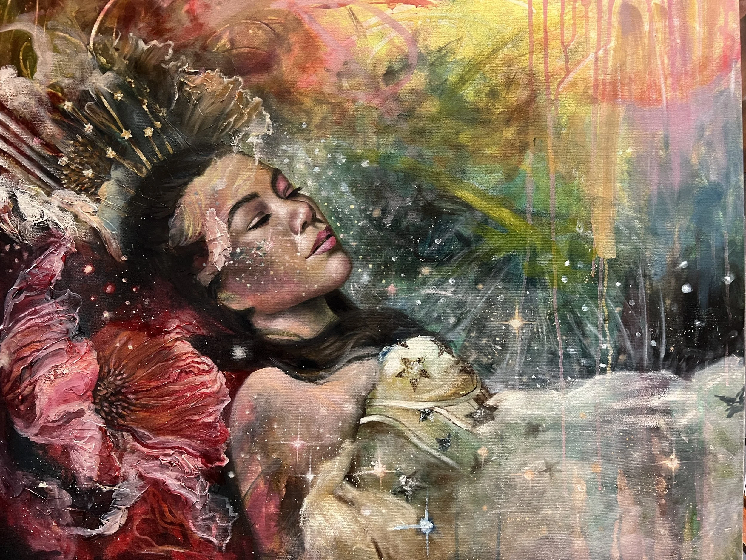 A colorful abstract painting featuring a woman with closed eyes, wearing a tiara, surrounded by vibrant, swirling colors and textures.