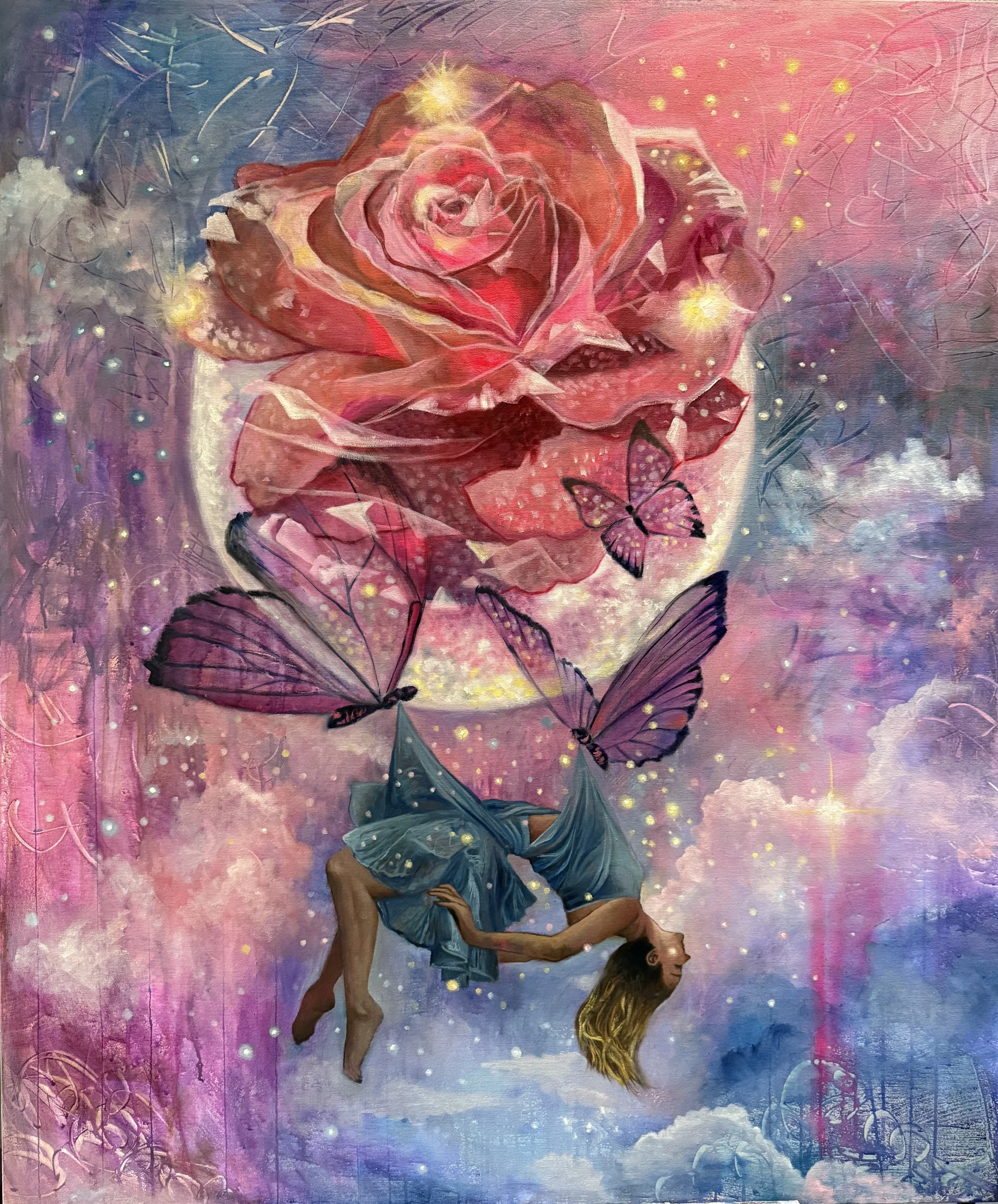 A painting of a woman with long blonde hair lying on her back, holding a unicorn with pink and purple wings, surrounded by a colorful background of pinks, purples, blues, and gold sparks. The scene has a dreamy, fantasy aesthetic.