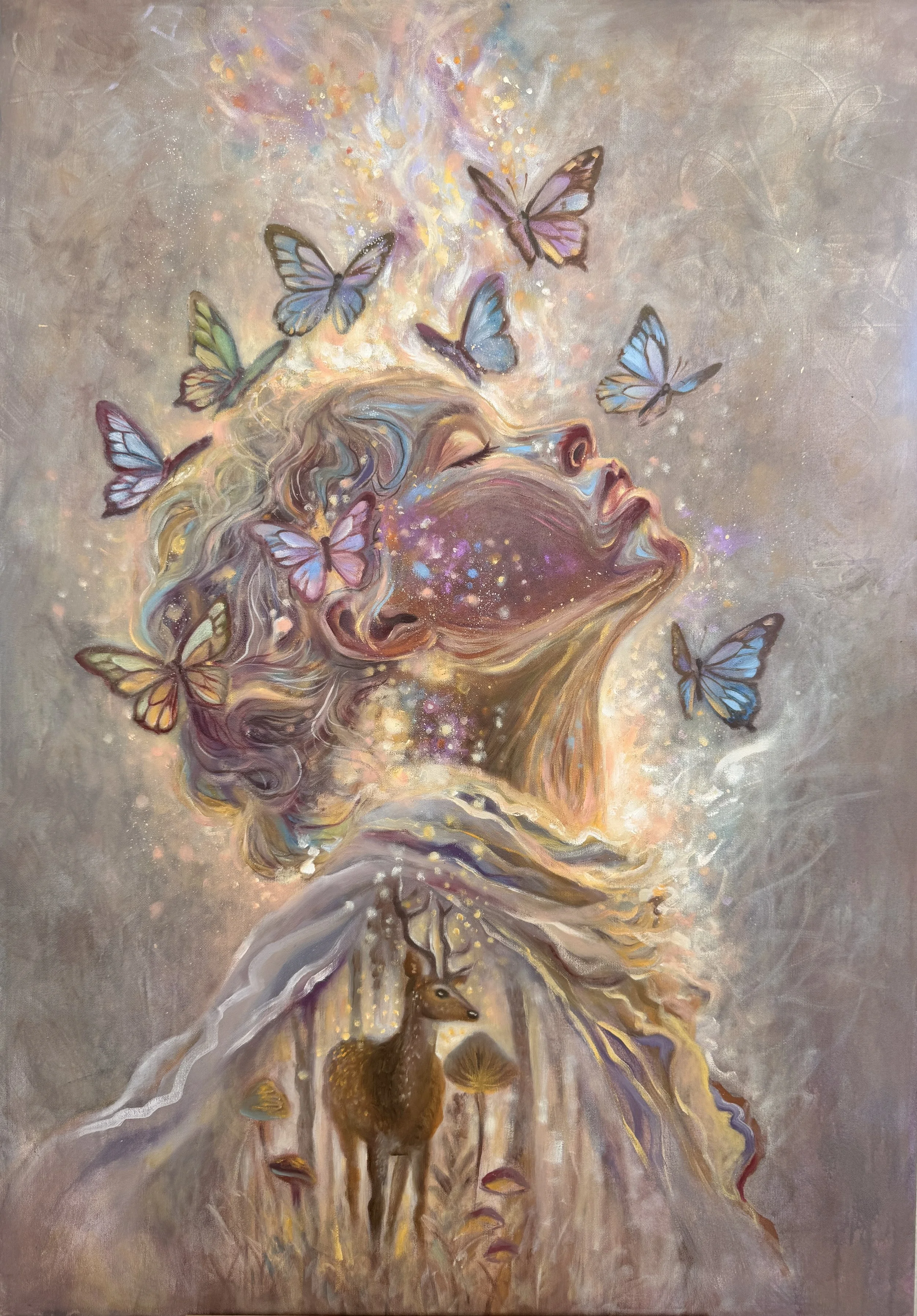 An artistic painting of a woman with long flowing hair and closed eyes. Multiple colorful butterflies are flying around her head, and a horse is standing at the bottom of the painting. The background is a soft, pastel mix of colors.
