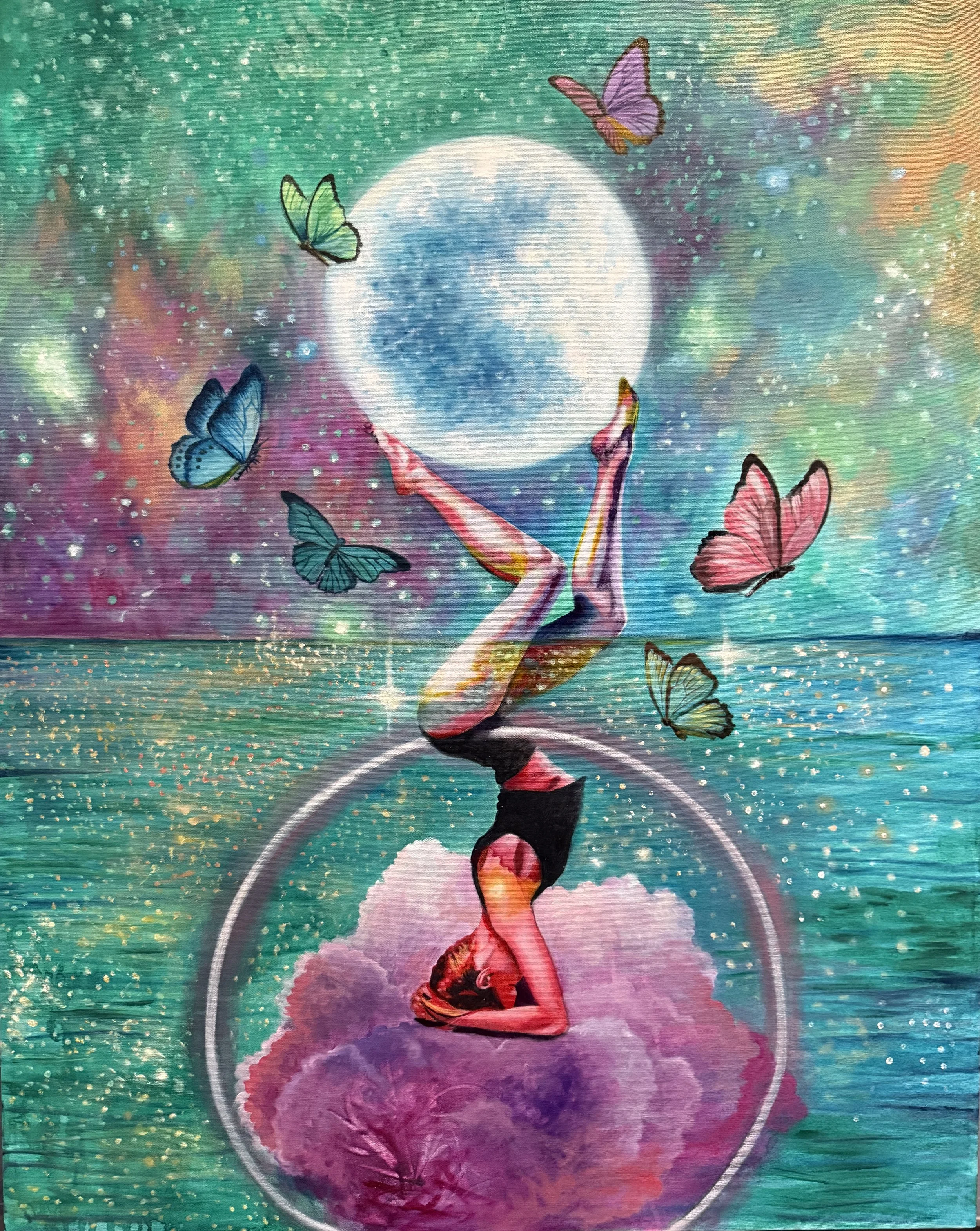 A surreal artistic scene featuring a woman with her back arched, sitting inside a glass container. She extends her hands upward, holding a glowing, full moon. Several colorful butterflies are flying around her and the moon, set against a vibrant, starry background with hues of green, blue, purple, and pink.