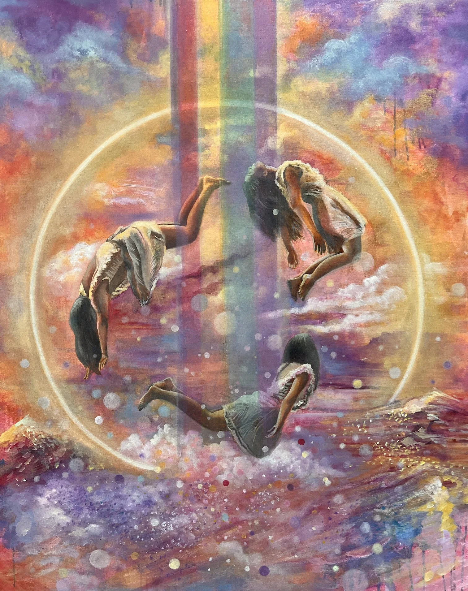 Painting of seven girls in shorts and tank tops, floating and balancing on clouds, with a rainbow, a glowing circle, and a colorful sky with clouds and mountains in the background.