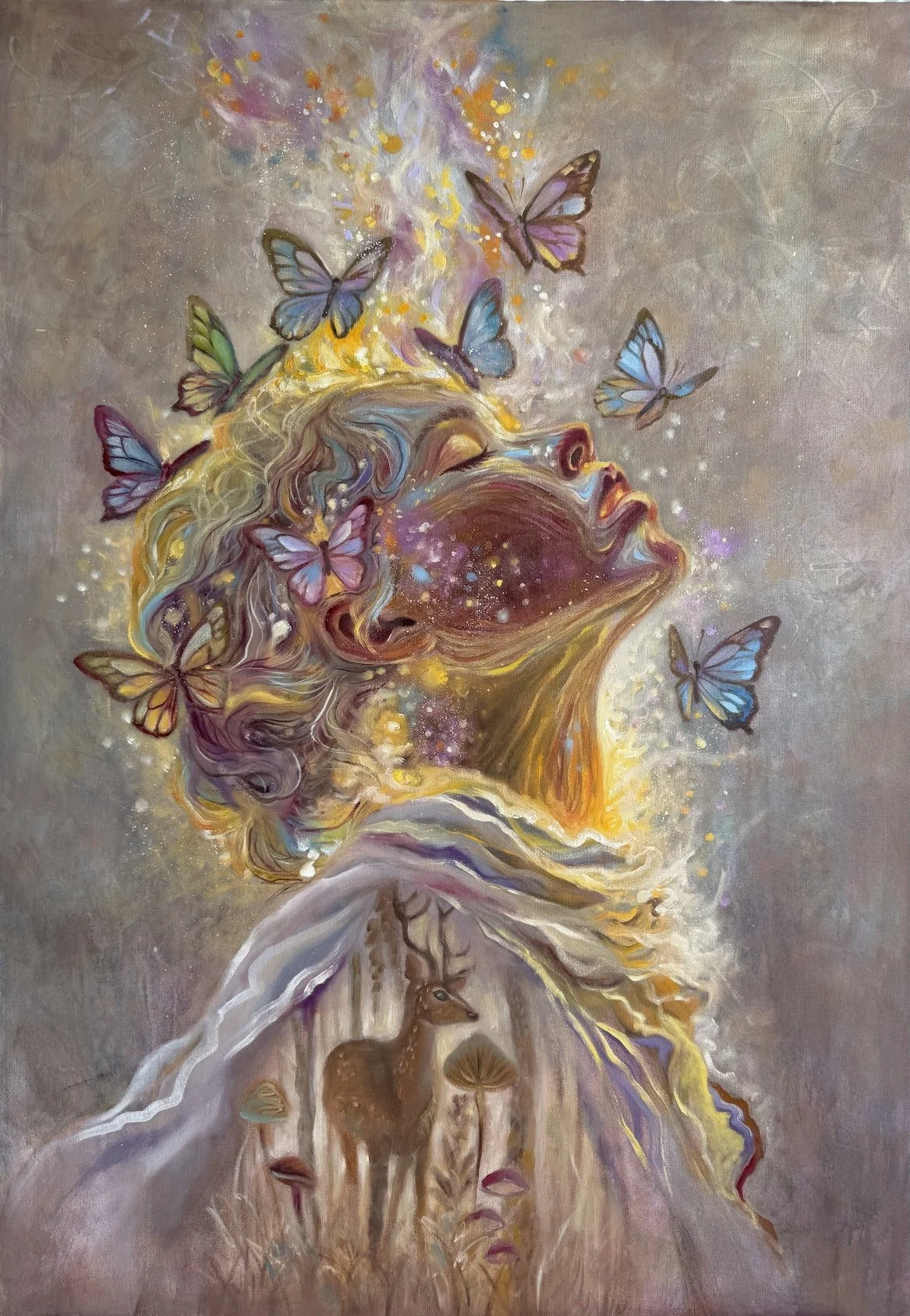A surreal painting of a woman's profile with colorful butterflies around her head, and a deer and mushrooms depicted within her clothing, representing imagination and nature.