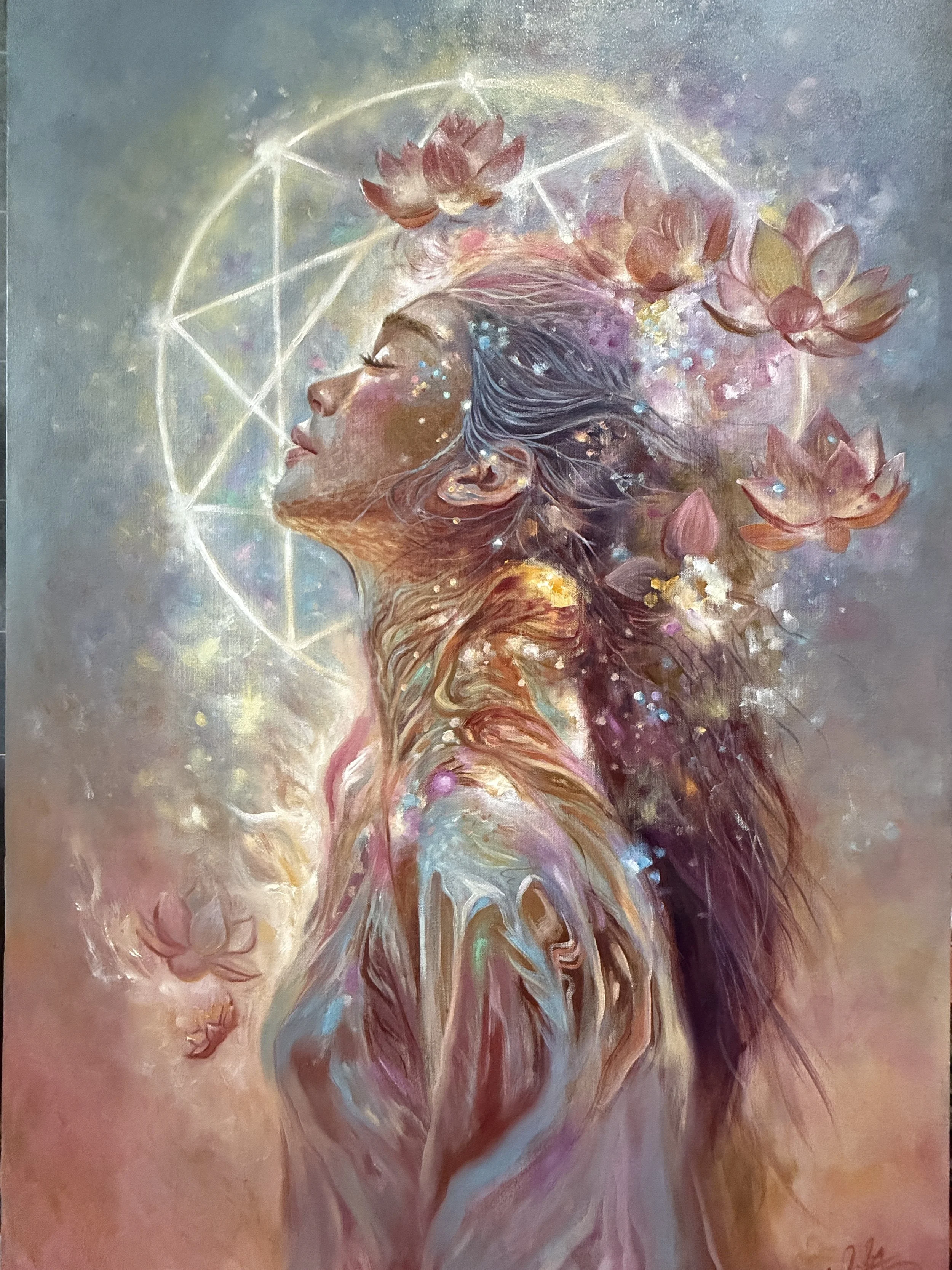 A fantasy painting of a woman with closed eyes, her head tilted upward, with colorful flowers and ethereal lights around her. Geometric light patterns float above her head, and her form is blended with abstract, flowing colors.
