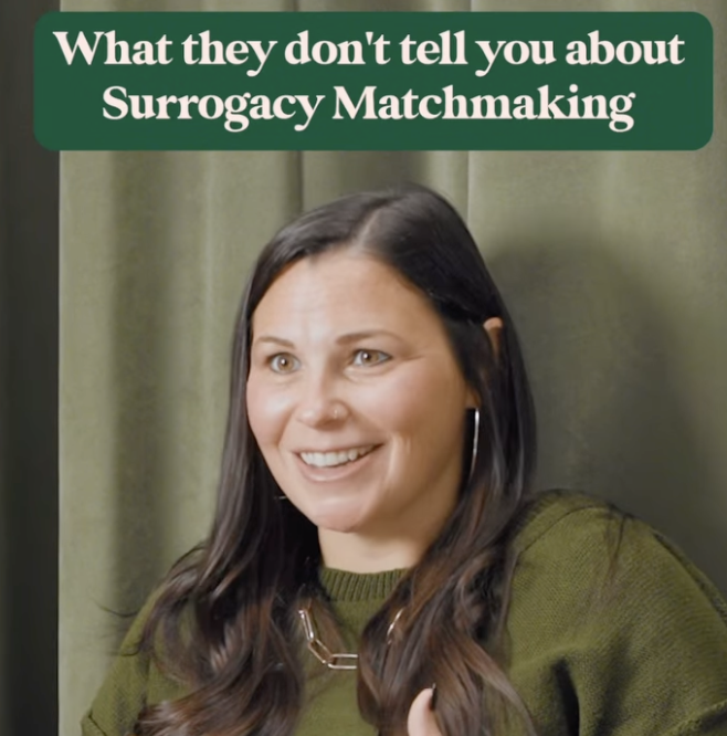 A woman with long brown hair smiling, wearing a green sweater and earrings, in front of a green curtain. There is a text overlay at the top that reads, "What they don't tell you about Surrogacy Matchmaking."
