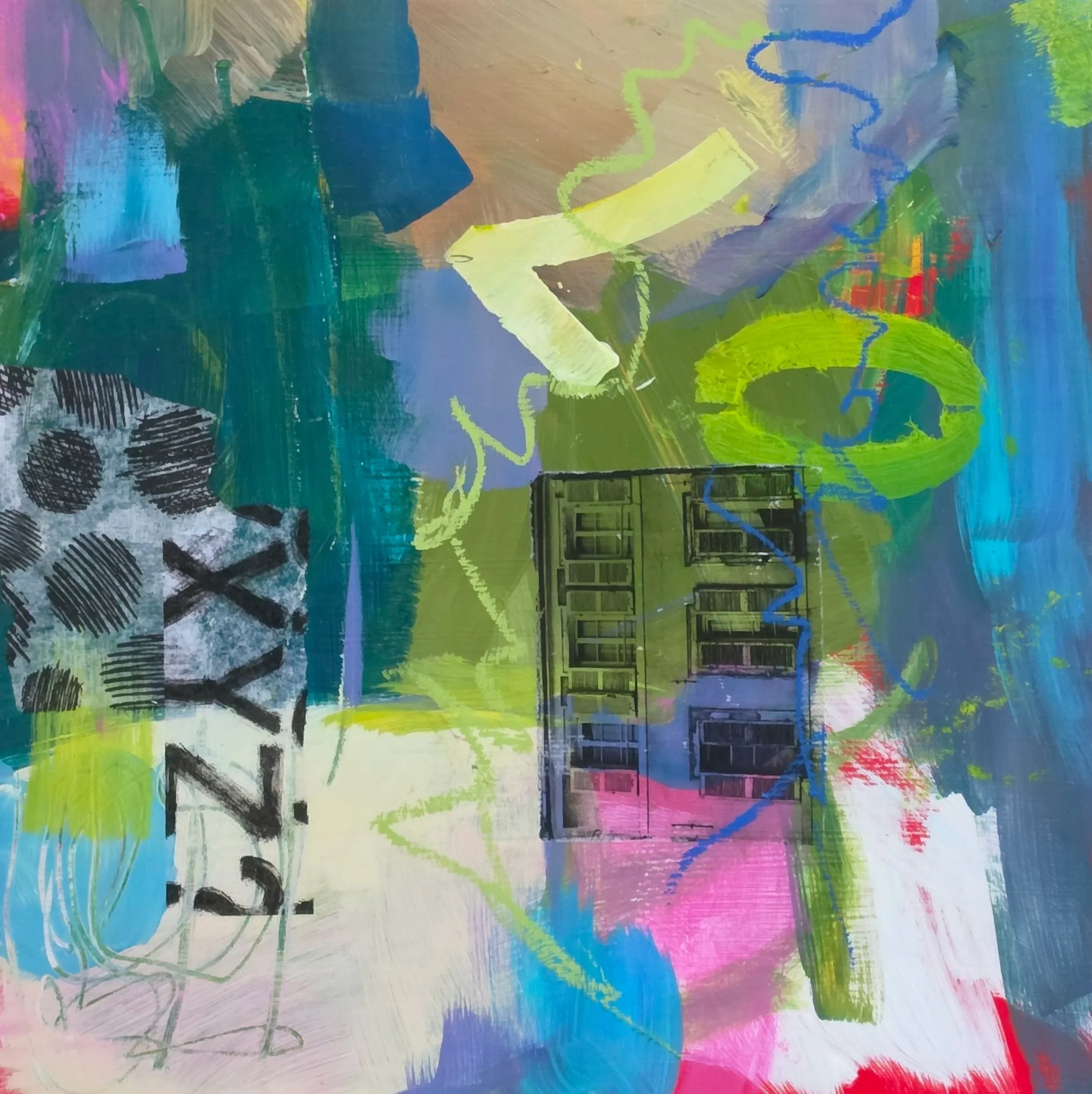 For Rent. 10" x 10" - Acrylic, collage, photo transfer, oil pastel. From the Journey series.