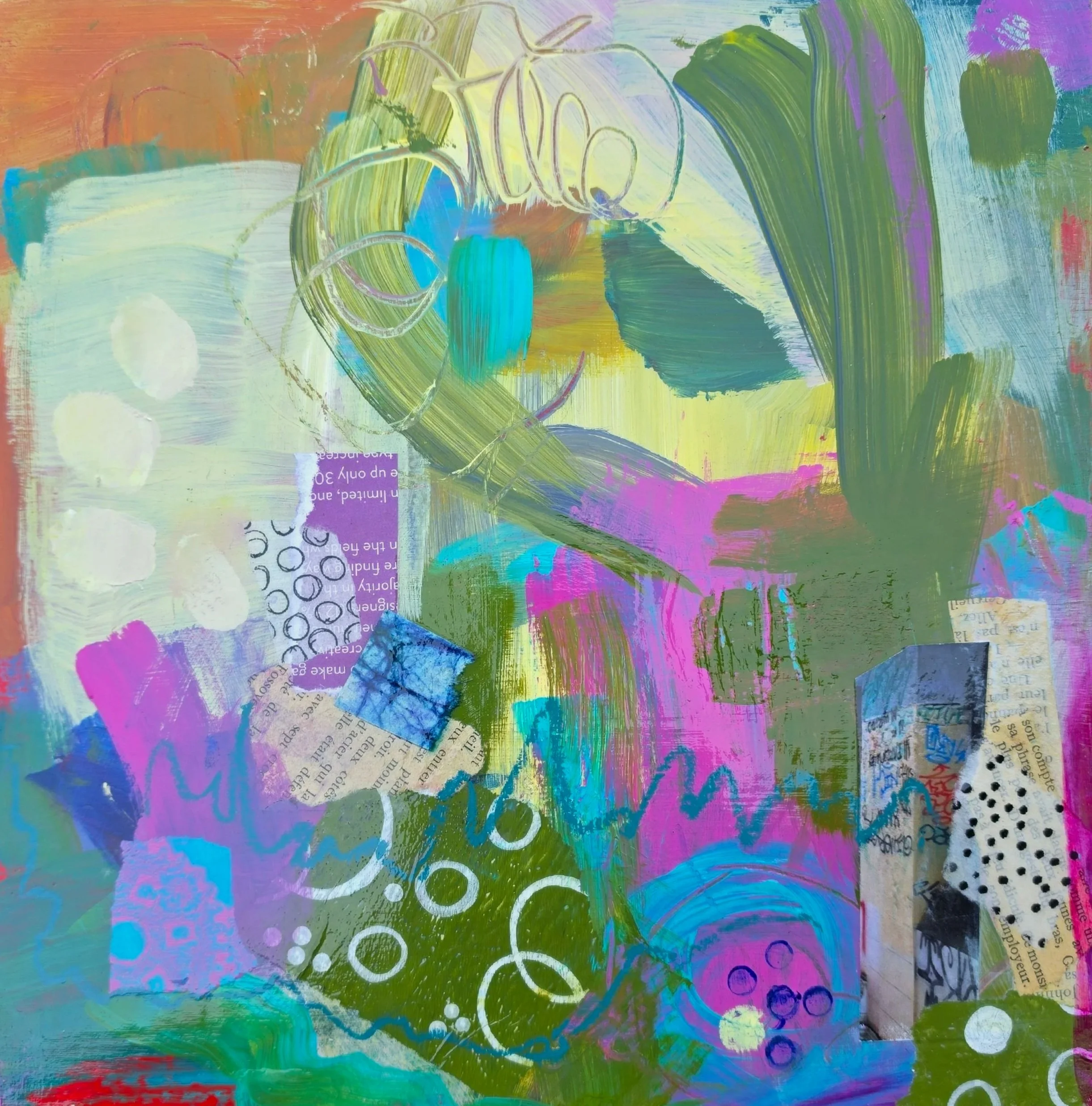 Roam. Acrylic, collage, oil pastel on cradled board. From the Journey series. 