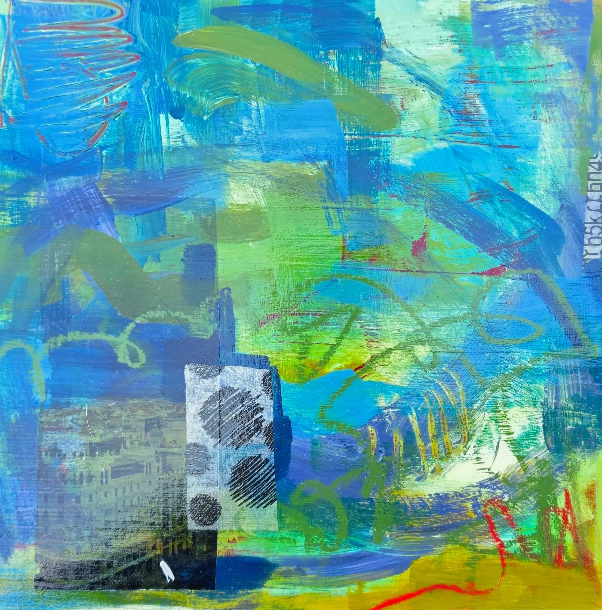 Urban Hours. 10" x 10" - Acrylic, photo transfer, collage, oil pastel on cradled board. From the Journey series.