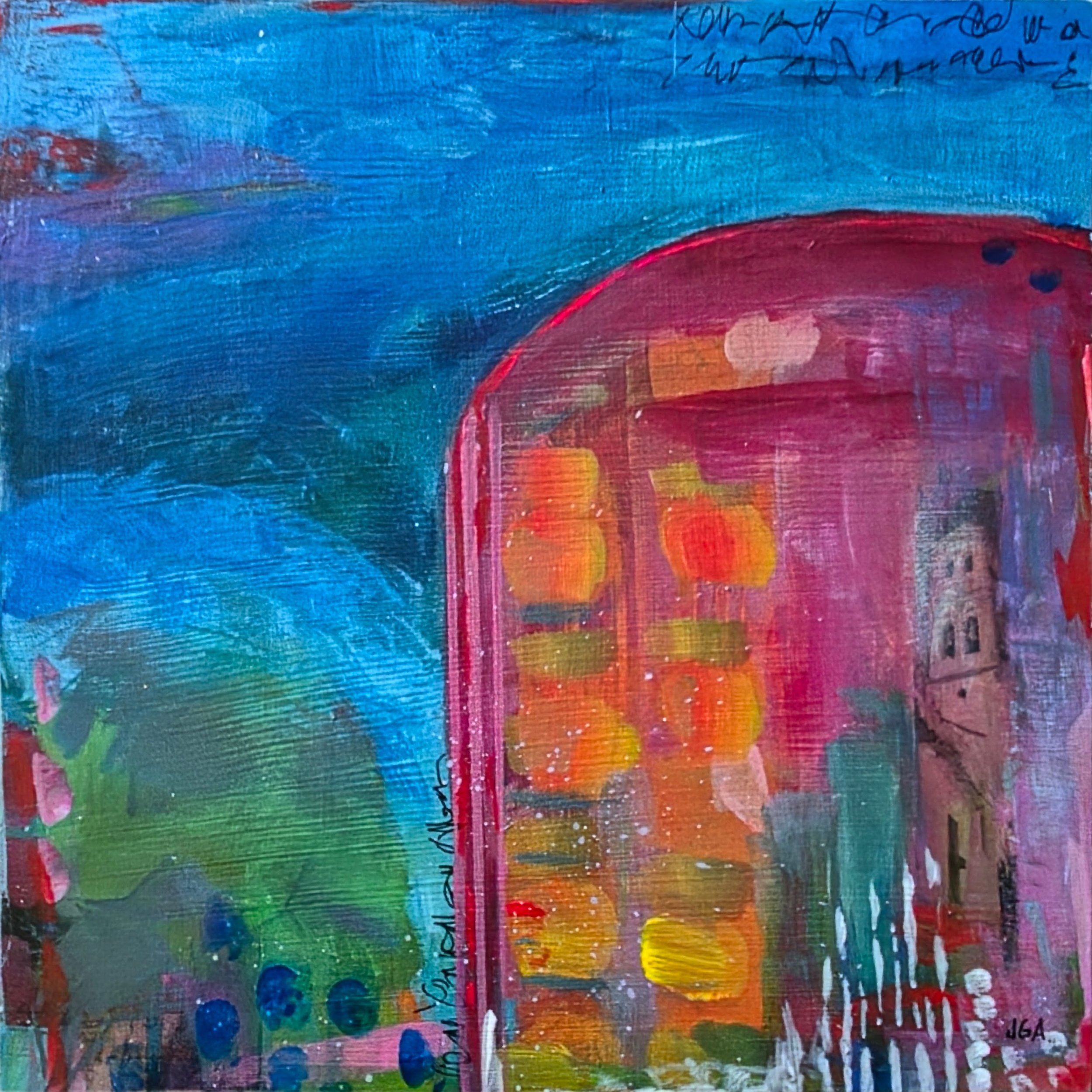 Look Inside. 12" x 12" - Acrylic, photo transfer, collage, oil pastel, ink.