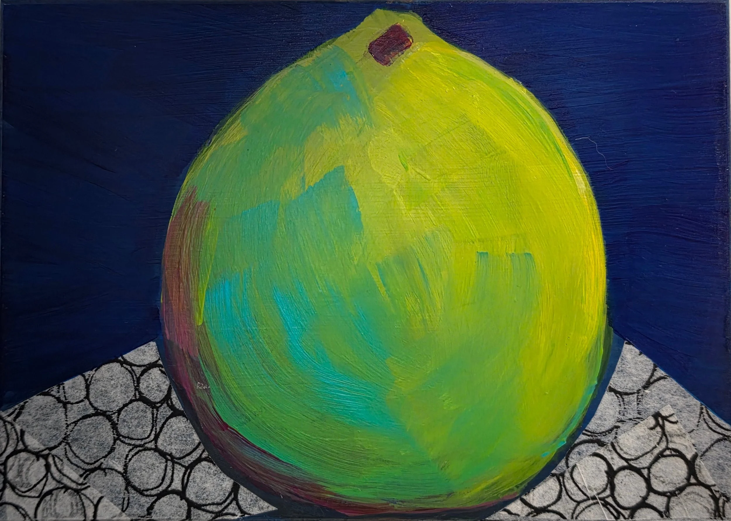 Lime Alone. 7" x 5" - Acrylic, collage on masonite board.
